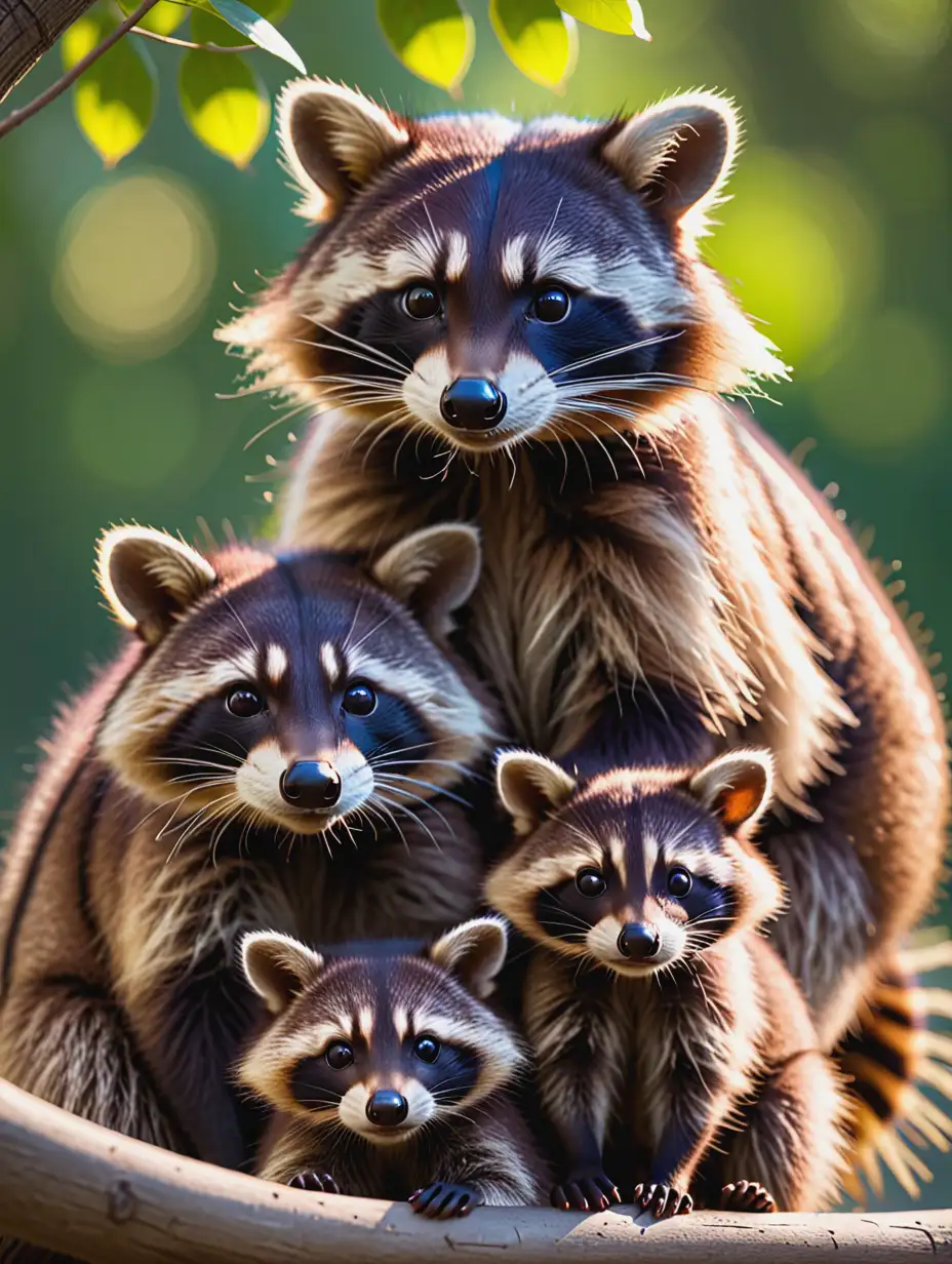 Adorable Raccoon Family in a Forest Setting