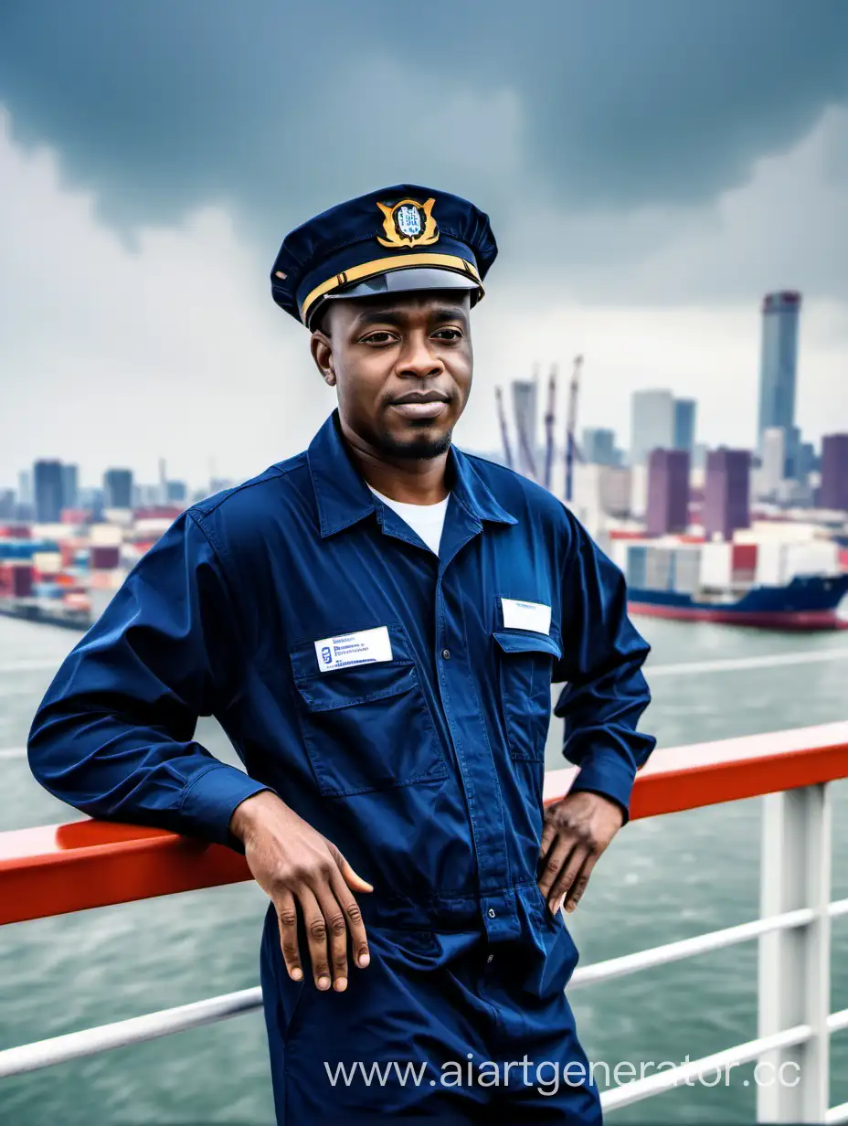 Афроамериканец рабочий мужчина на современном торговом судне, на командном мостике
