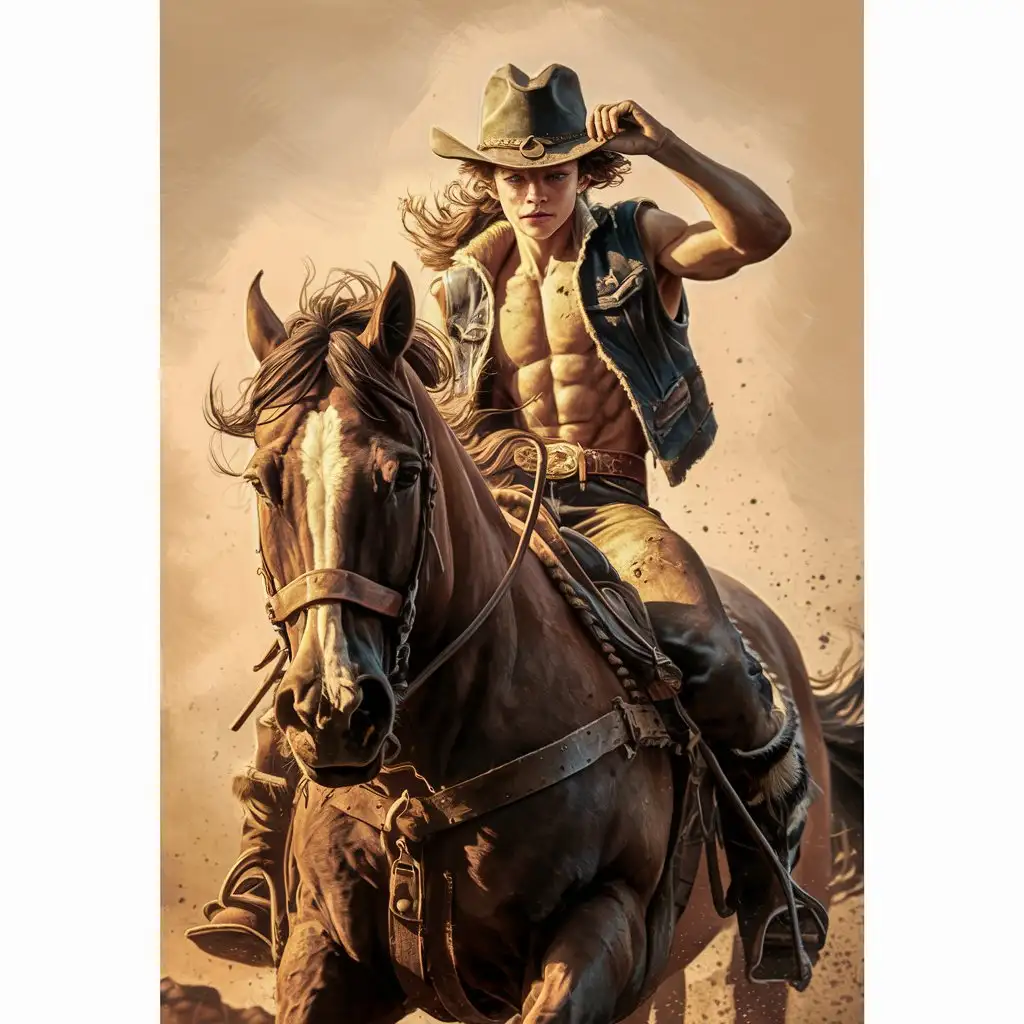 Teen Boy with Cowboy Muscles Riding Horse in Jeans and Leather Vest