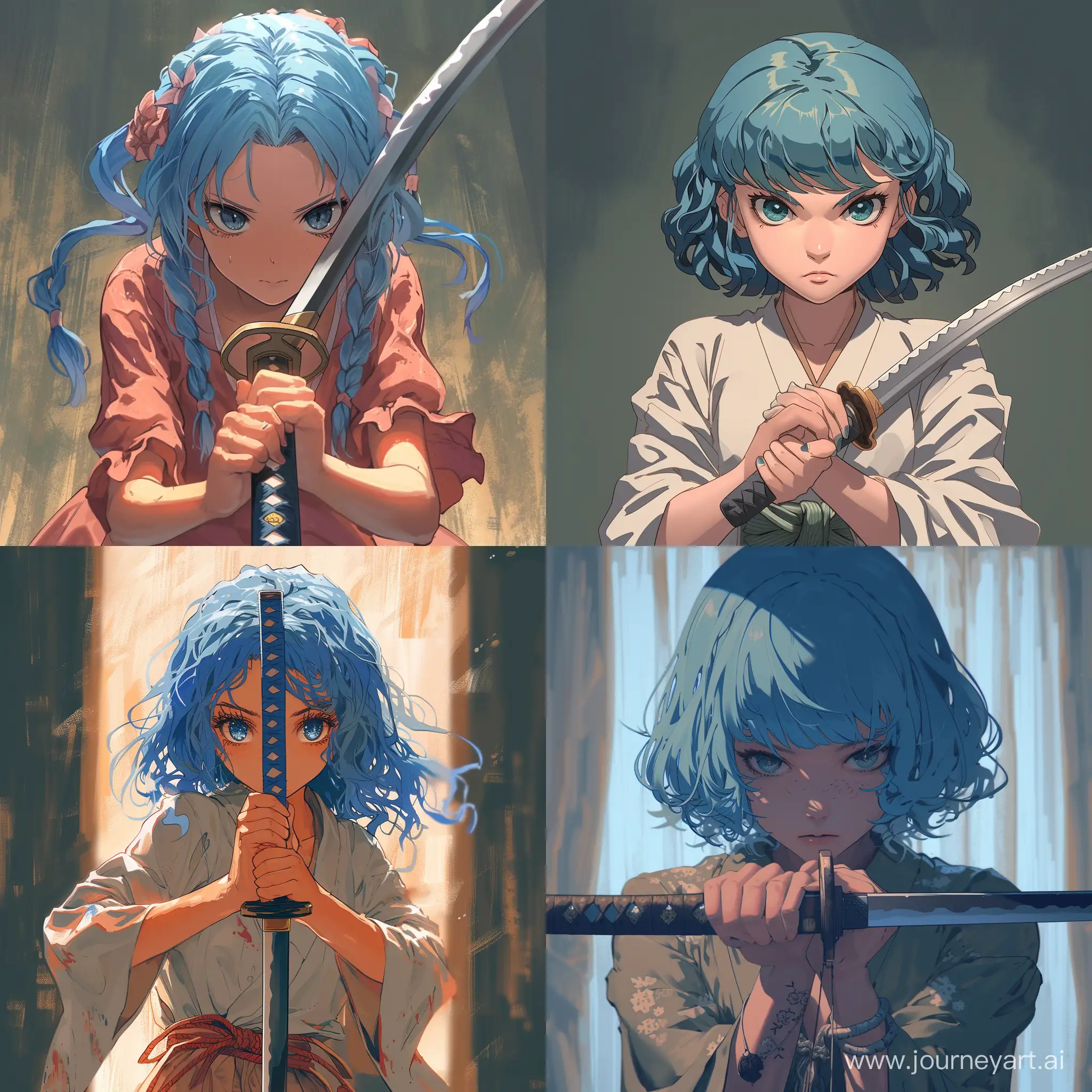 a girl with blue hair holding a katana in her hands by the handle