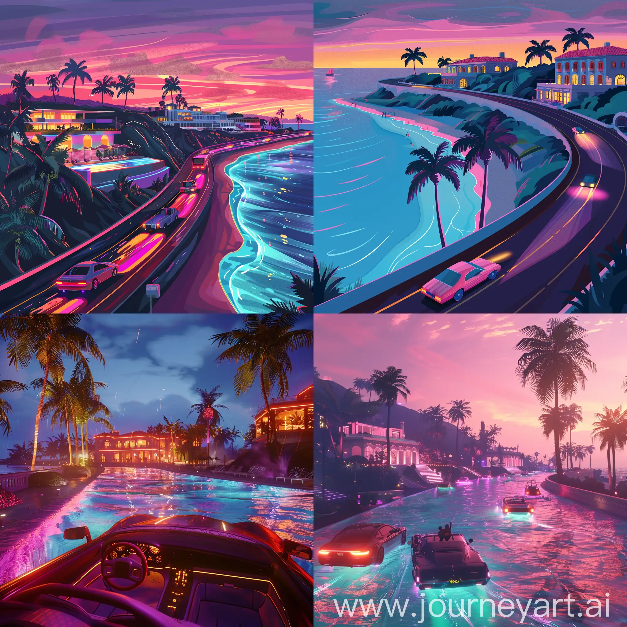 驾车兜风、午后海滩、泳池派对、霓虹闪烁、岸边豪宅、烈阳公路，棕榈树