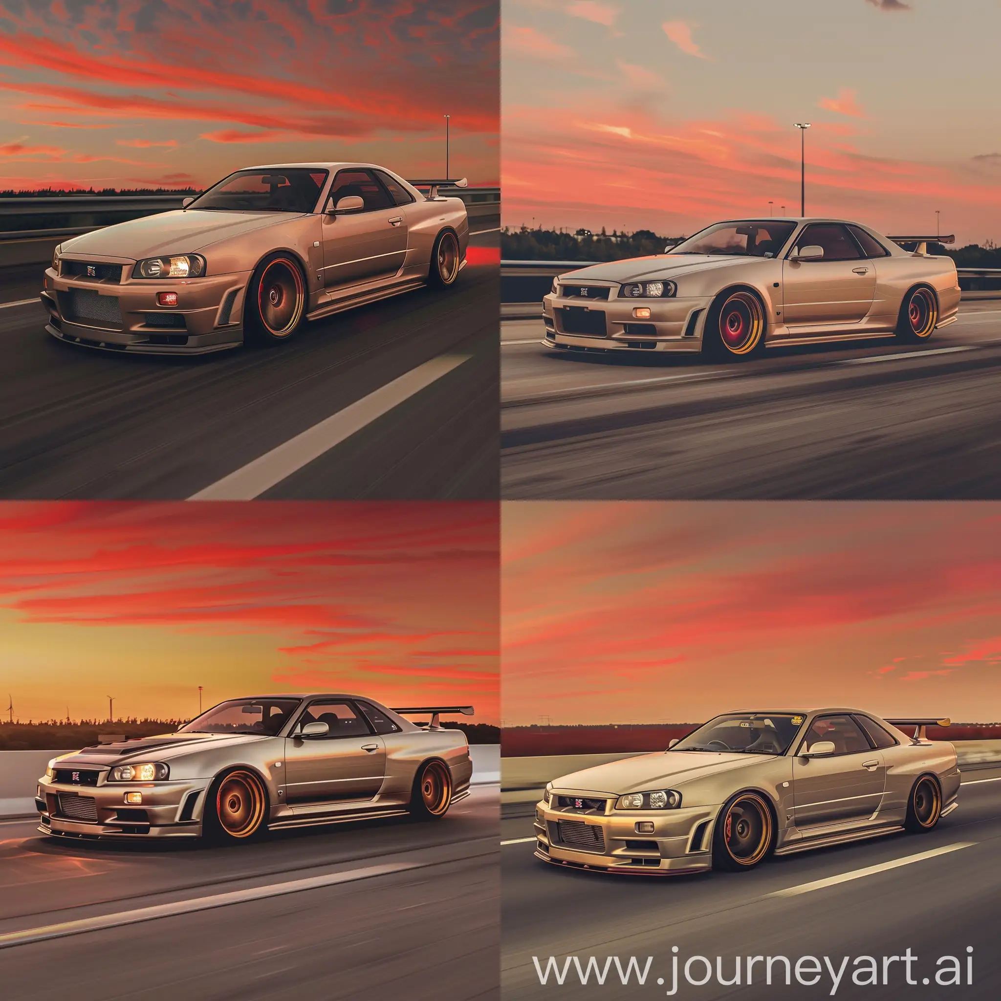 Beige-Nissan-R34-Skyline-Driving-on-Highway-with-Golden-Rims-under-Orange-Red-Sky
