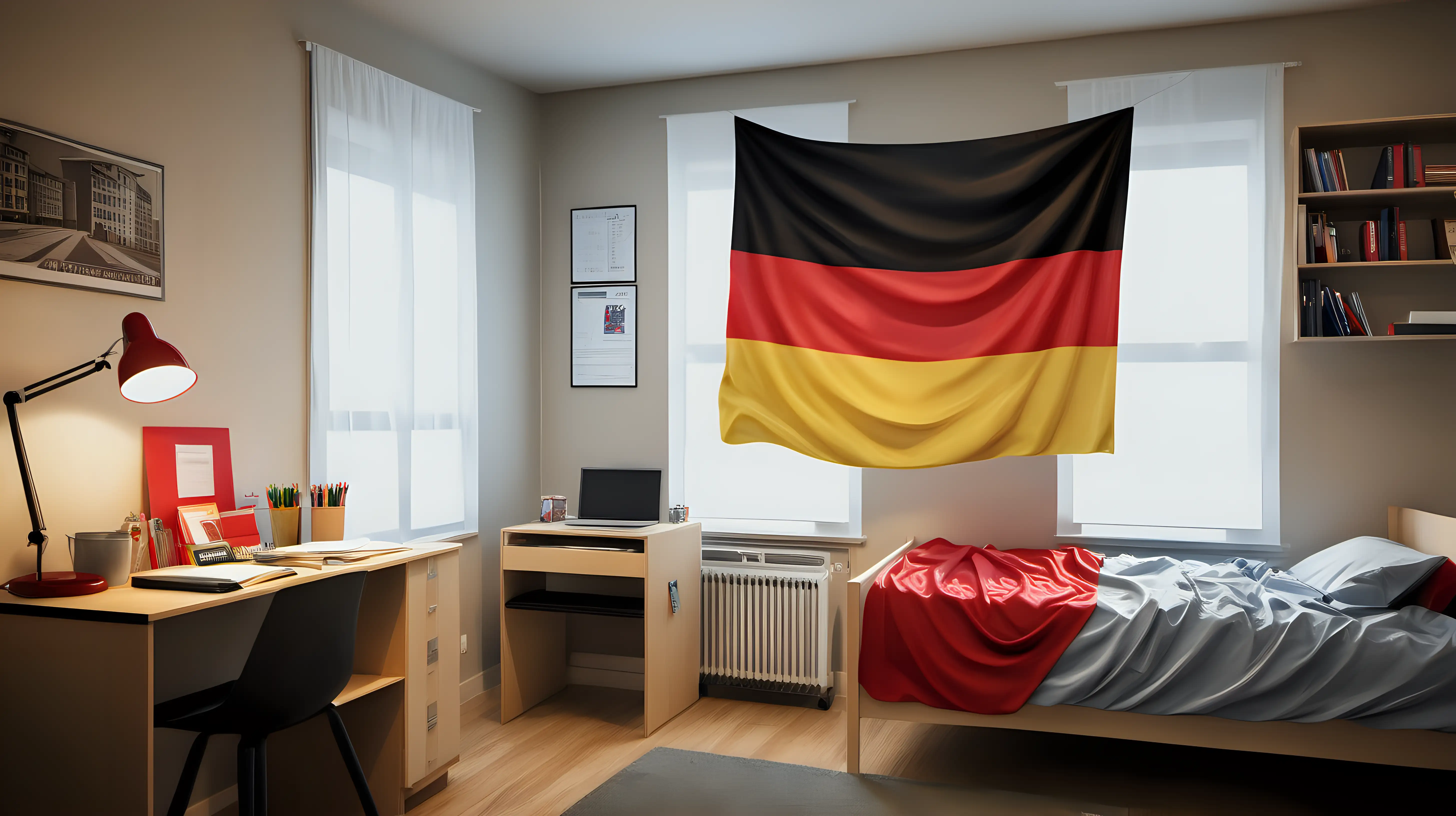 Craft a scene of a student studying abroad, displaying the German flag in their dorm room, expressing patriotism and a connection to their homeland.