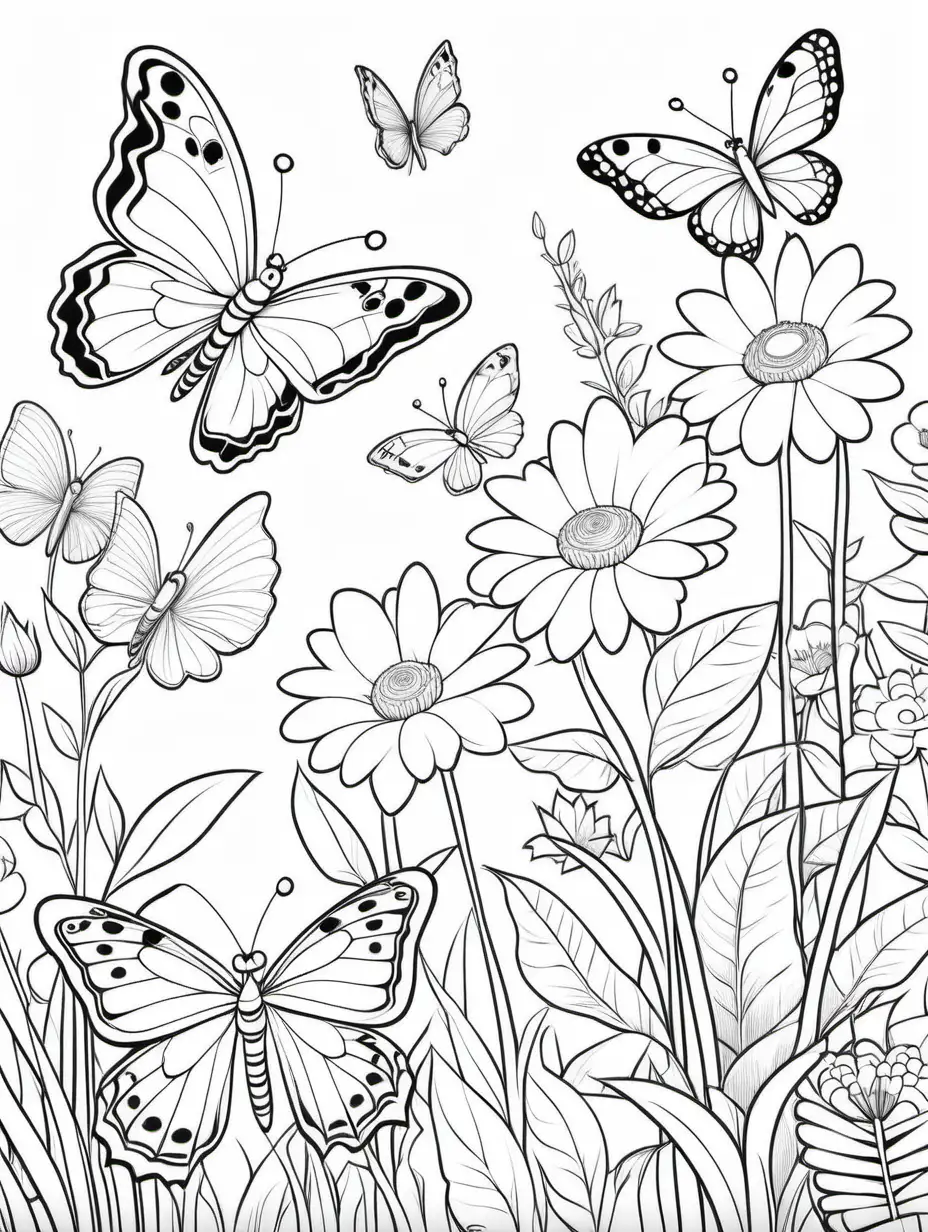 Simple Flower Garden Coloring Page with Beautiful Butterflies