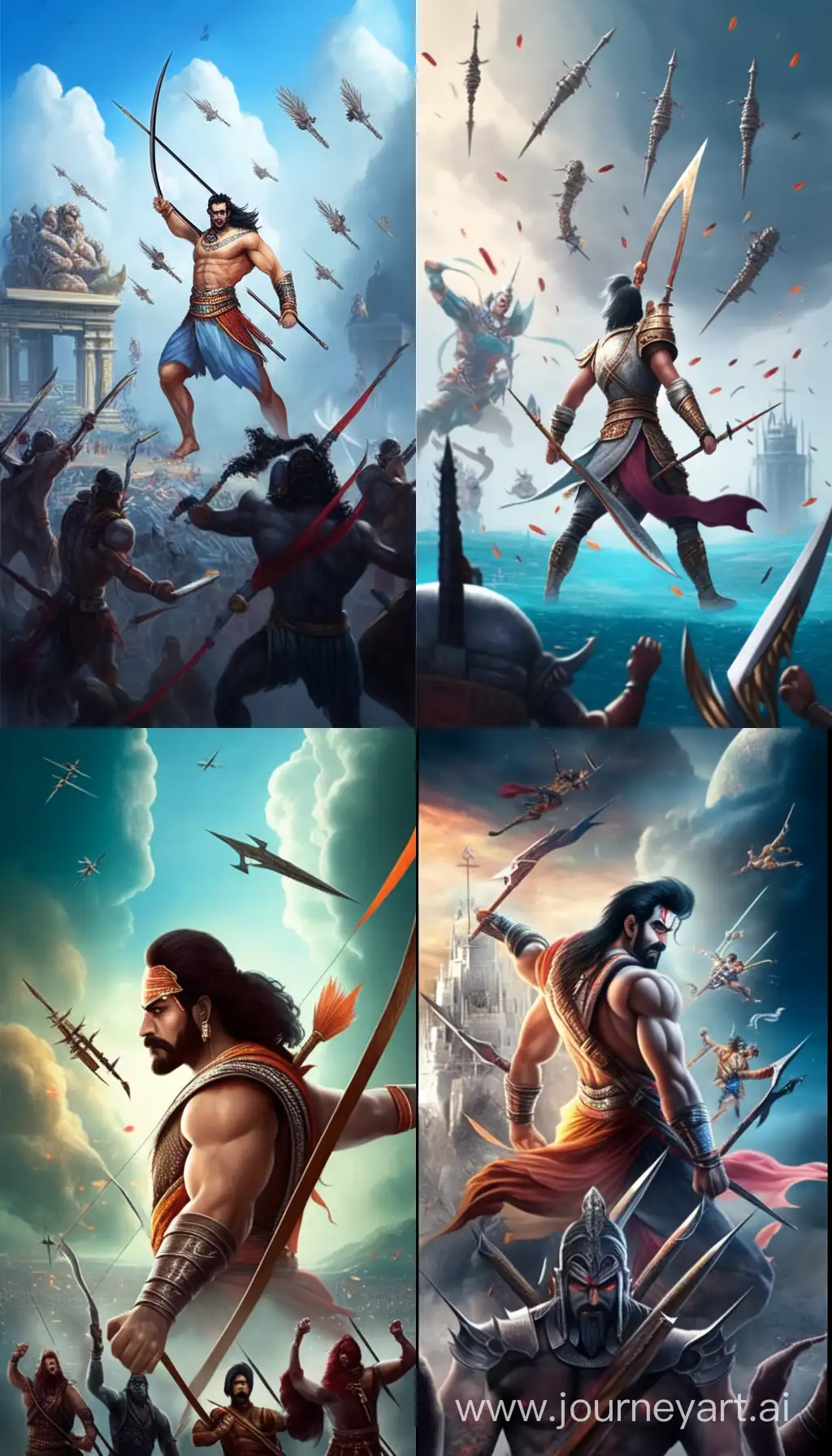 create realistic digital painting like images depicting different weapons like swords and spears floating in the sky, the background is the Warfield from ancient Hindu mythology, there's a sage standing there who's black haired, muscular around his forties looking at those flying weapons as they are coming towards him, ultra detailed,ultra high resolution,8k, --ar 9:16