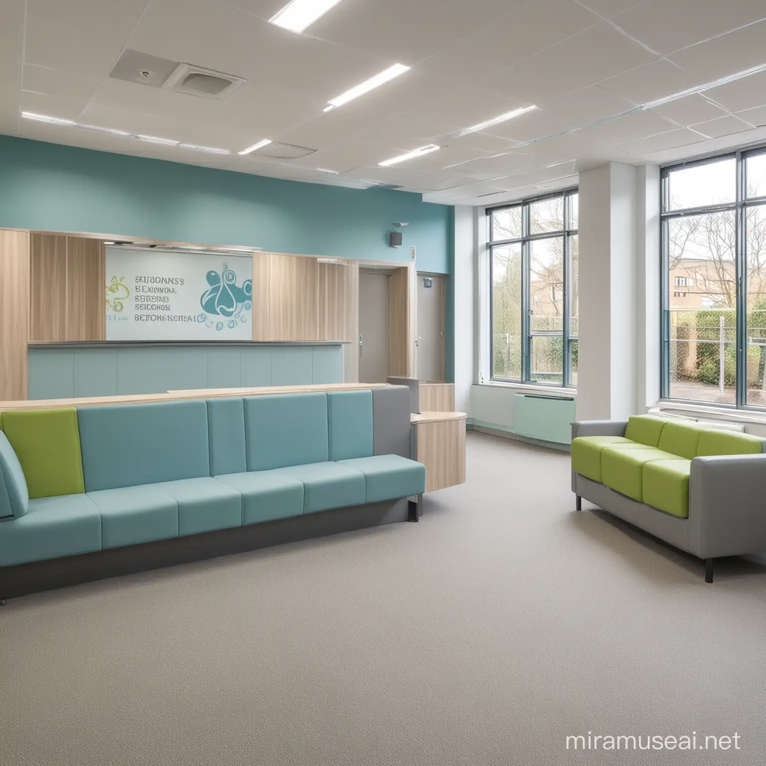 secondary school for children with special educational needs. school reception area with feature seating. colour scheme is grey, light green and light blue.