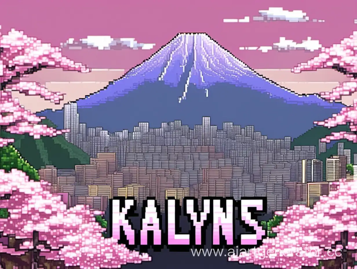 пиксельный город с сакурой и вдали гора со словом KAILYNS