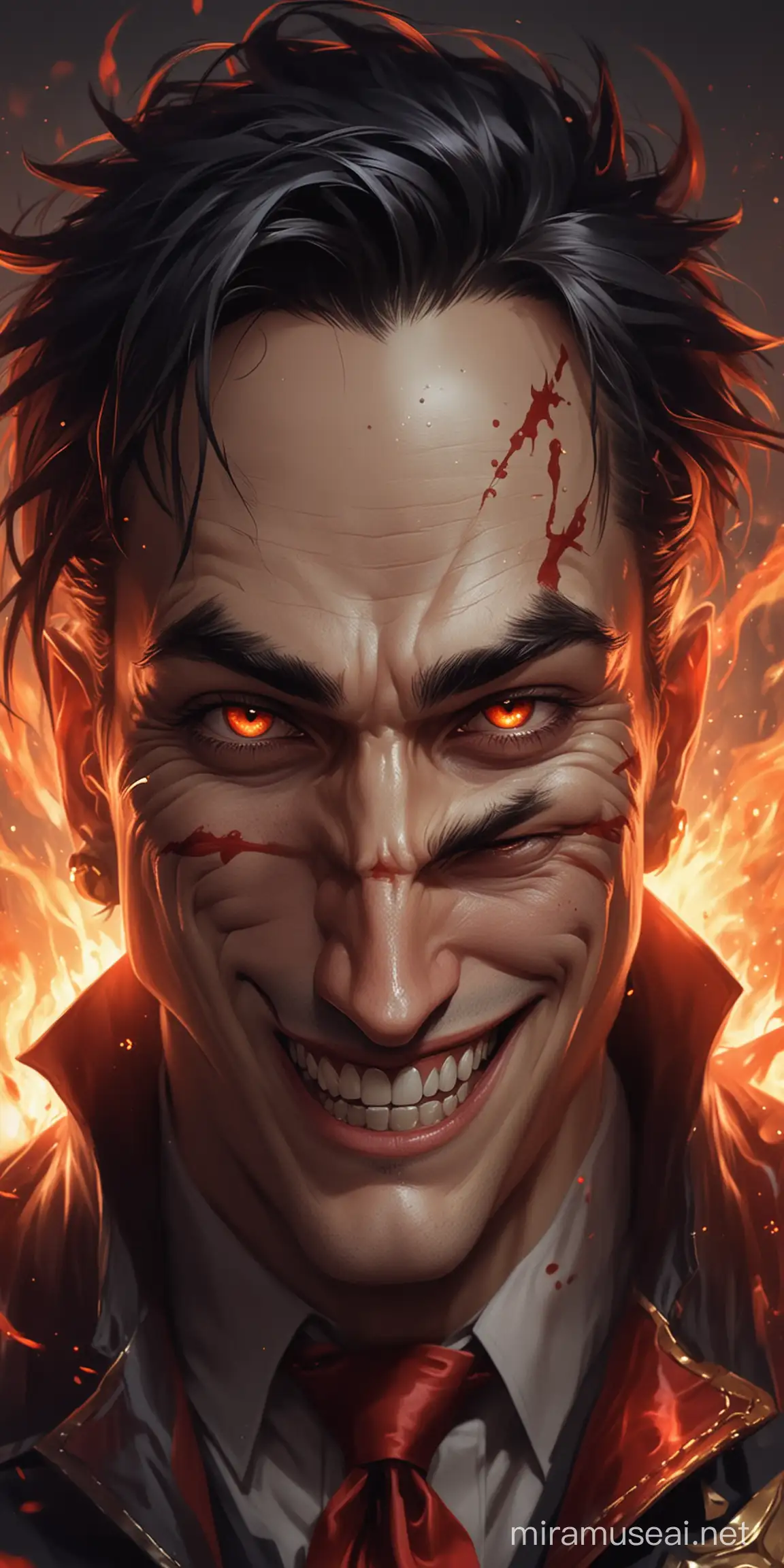The man who looks like the Joker, his teeth are iron gold, he smiles, his eyes shine red, red smoke comes out of his eyes, his hair style is slicked black hair, his eyebrow is cut, his drawing style is League of Legends Arcane.