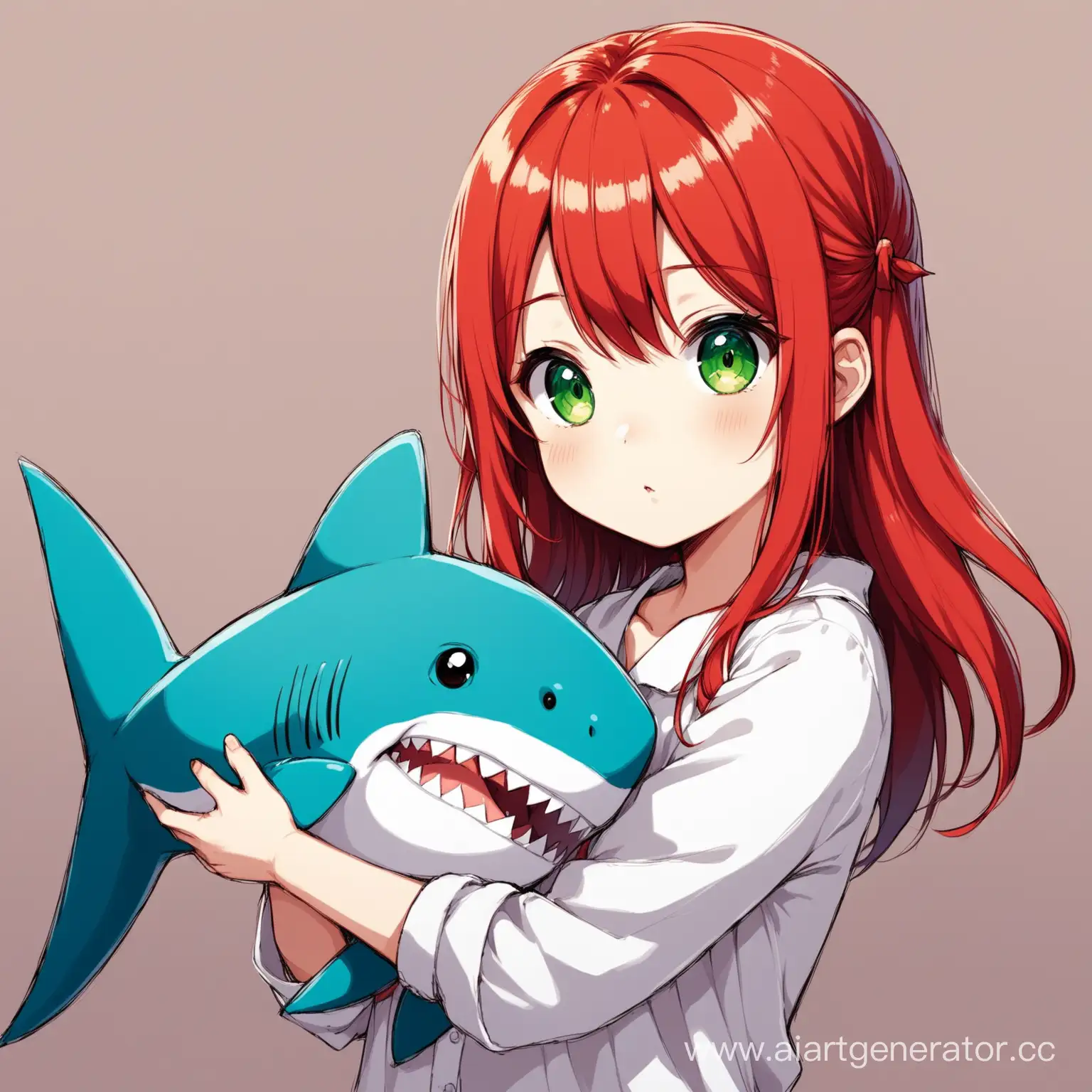 Рыжая девушка с зелёными глазами держит в руках мягкую игрушку акулу должна выглядеть как из аниме, быть чуть дальше и смотрит на нас