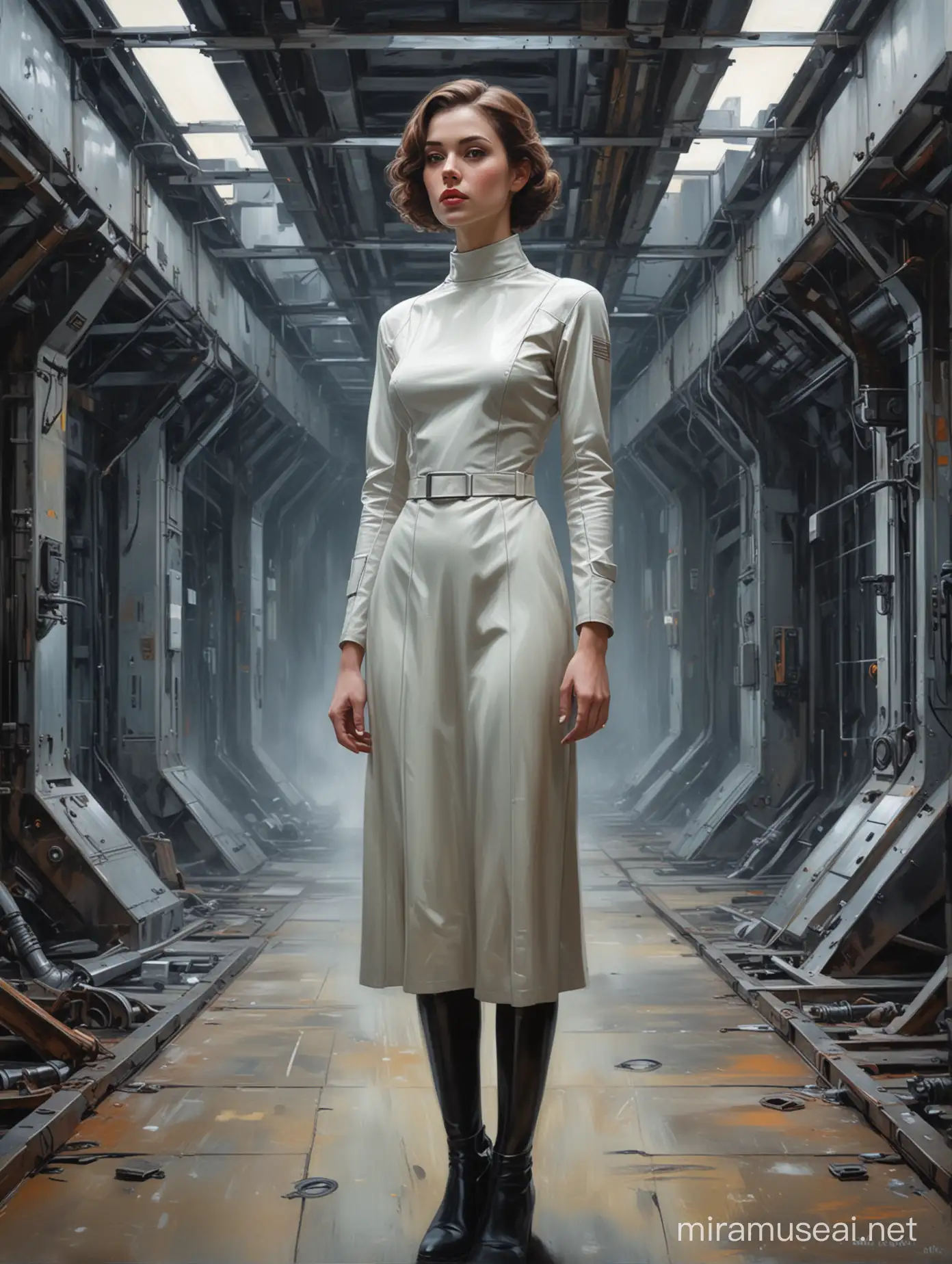 Caught in a moment of quiet amidst the metal confines of a bygone era's space, she stands— a stark contrast of futurism to the vintage scene around her, Oil Painting,