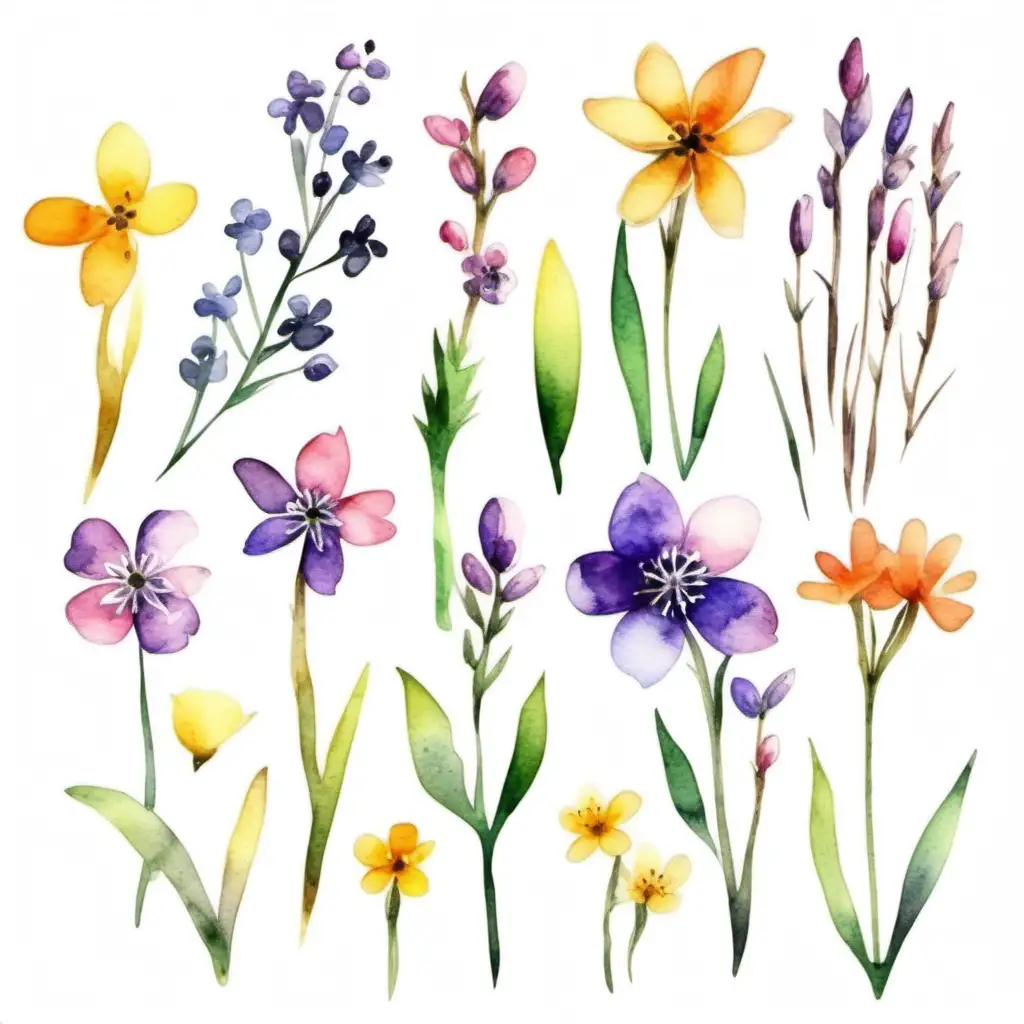 Delicate Spring Flowers in Aquarelle Style on White Background