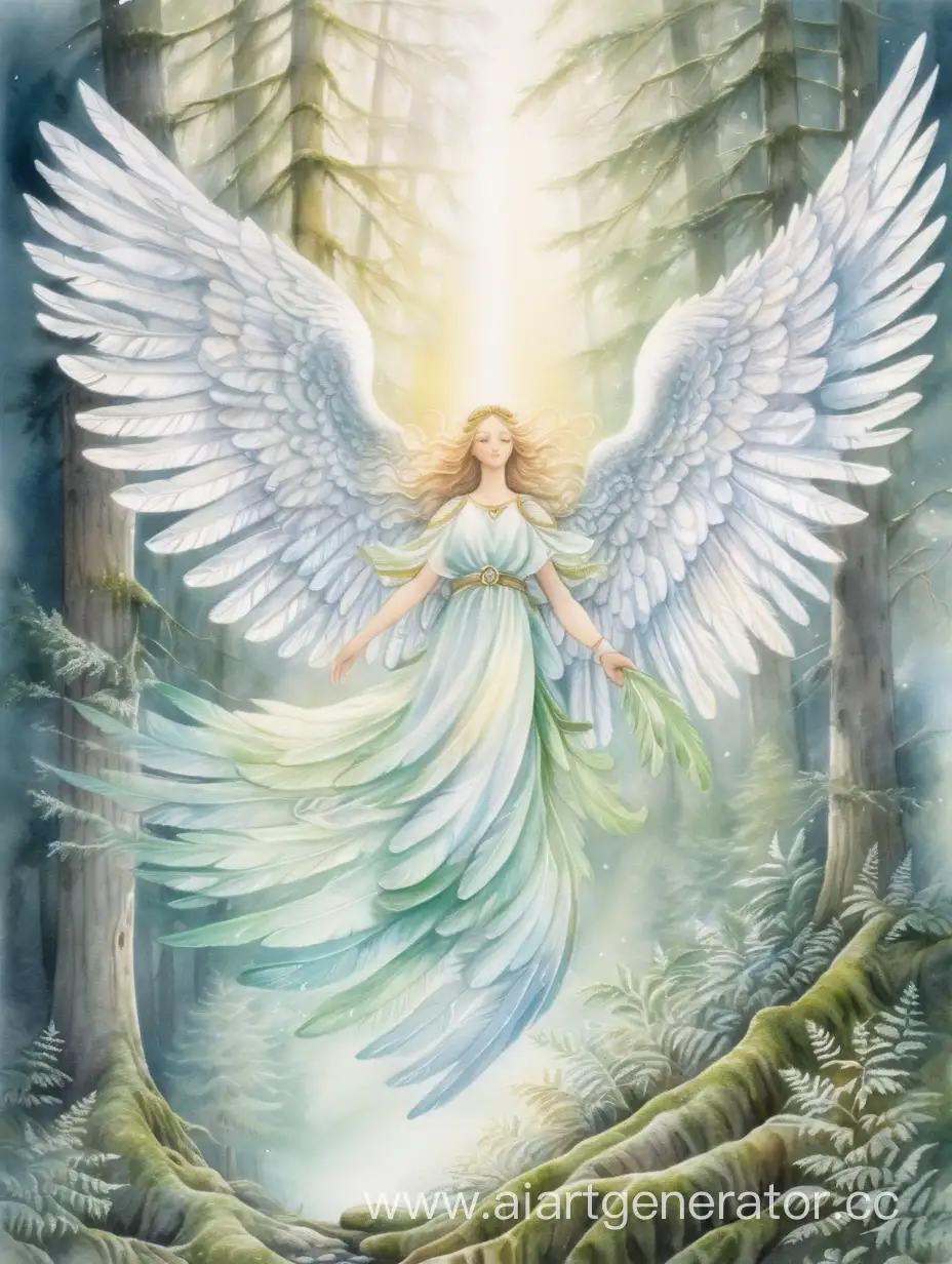 Ультра-детализация, мягкая акварель, яркая акварель, ангел хранитель с крыльями, огромные крылья, лес, мох, небо, белые сияющие перья, сияние, летит в небе