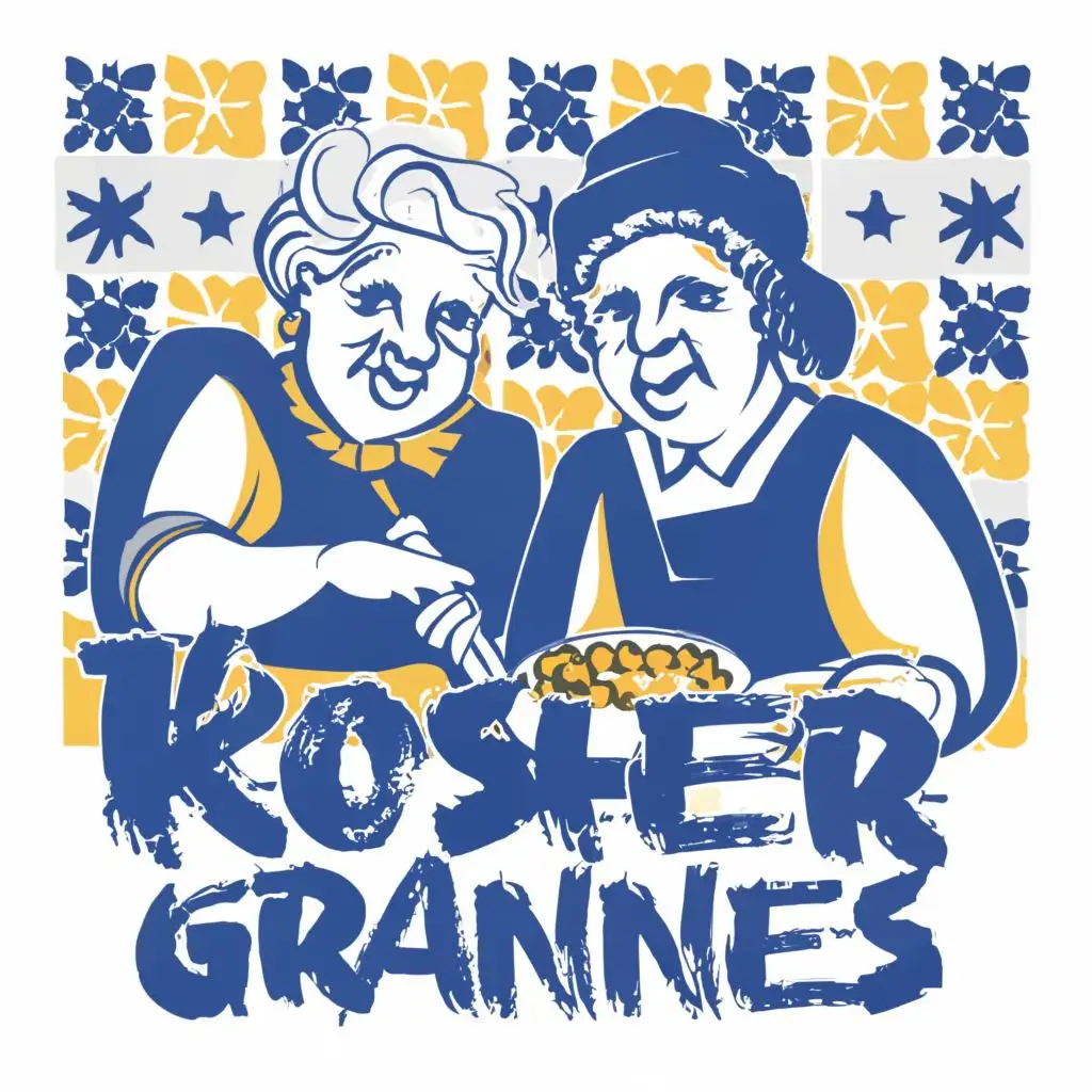 logo, Israel, yellow, blue, white, Jewish food and two grannies cooking, Paul Klee, with the text "Kosher Grannies", in Portuguese tiles, typography, be used in Automotive industry