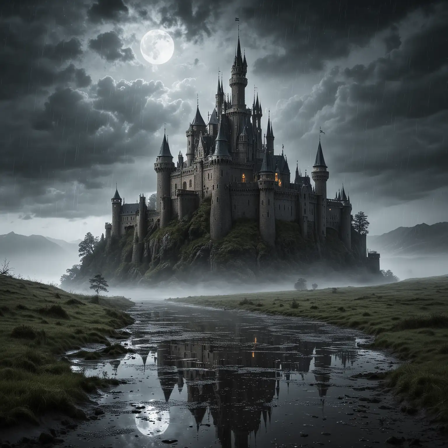 На фоне темного и грозного неба или туманного ландшафта выделяется изображение замка, словно созданного из дождя. Стены замка кажутся сотканными из мелких капель, блестящих под лунным светом или мягким светом фонарей. Этот эффект может создаваться с помощью художественных приемов, чтобы замок выглядел нереально и волшебно.

Замок сам по себе может иметь загадочную архитектуру, с высокими башнями, острыми крышами и узкими окнами, призывающими к исследованию. Вокруг замка могут быть дождливые или мокрые пейзажи, с отражениями в лужах или разбрызганными каплями воды