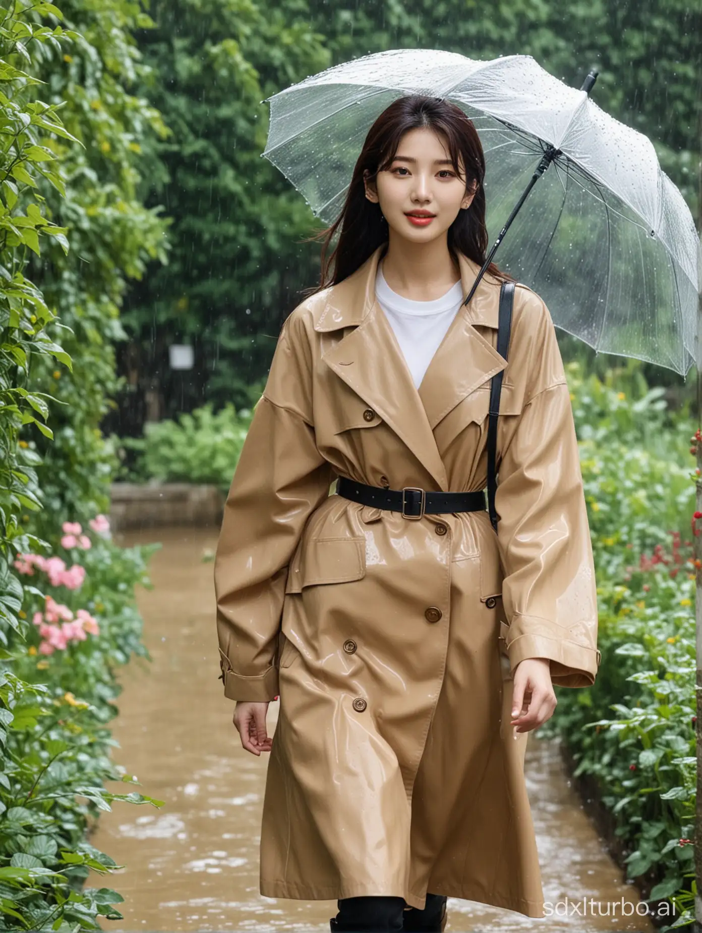 Beautiful Bae Suzy walking in garden on a rainy day