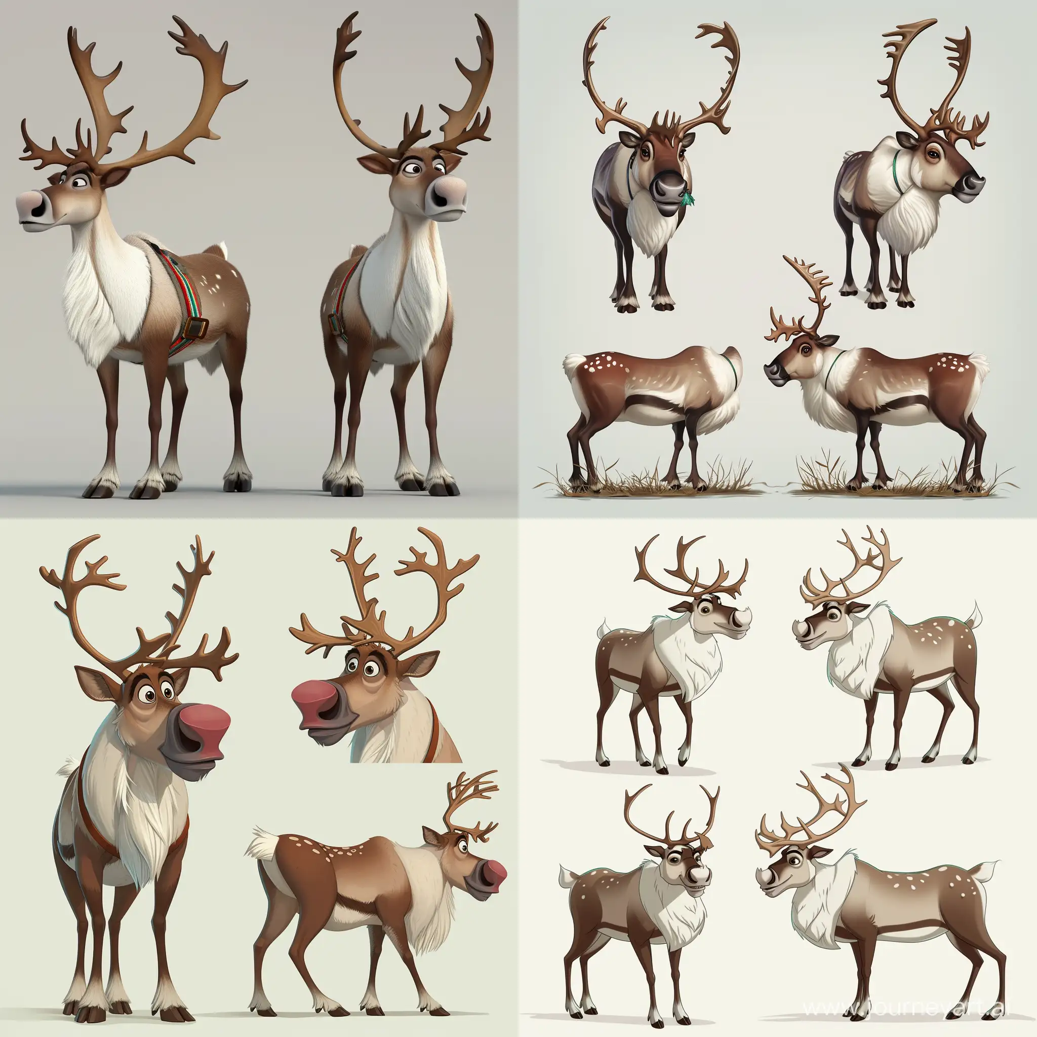 reindeer front, side, top view, detailed horns, wool, cartoon style, Pixar
