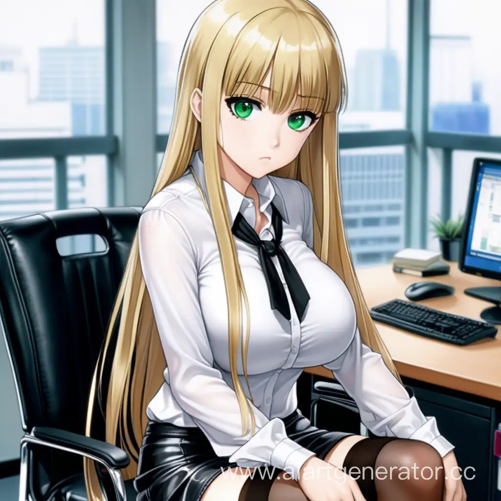 girl, big breasts, big green eyes, long blonde straight hair with straight bangs, dressed in a tight white blouse, short black skirt and stockings, she is sitting in the office on a leather chair and looks embarrassed and insecure, anime style