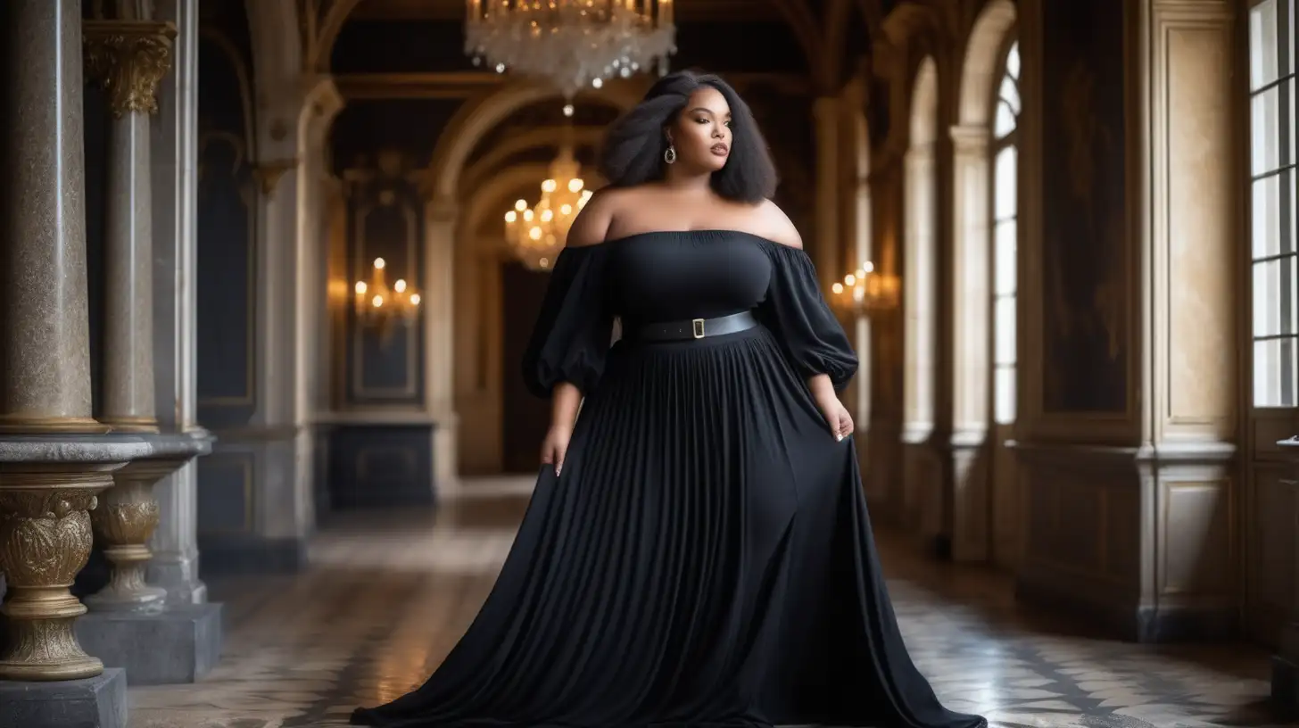 beautiful, sensual, classy elegant black plus size model wearing a straight neck off shoulder black dress with a very flared ankle length skirt, skirt is made from the same black fabric as top, dress is made from ITY fabric, fitted black bodice, long poet sleeves, empire defined waistline with a waistband tonal to the dress, long  hair is flowing, luxury photoshoot inside a magical winter castle in France, winter decorations inside the rooms in the castle, antique background