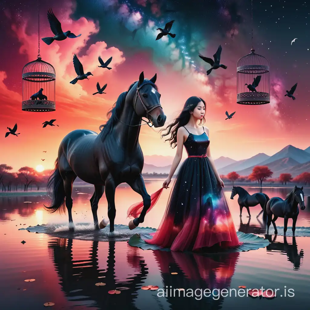 a girl with galaxy dress in wind on lotus lake holding an empty cage.
black horses in background . 
red sunset .black sky 
white birds. in collage style. vintage theme