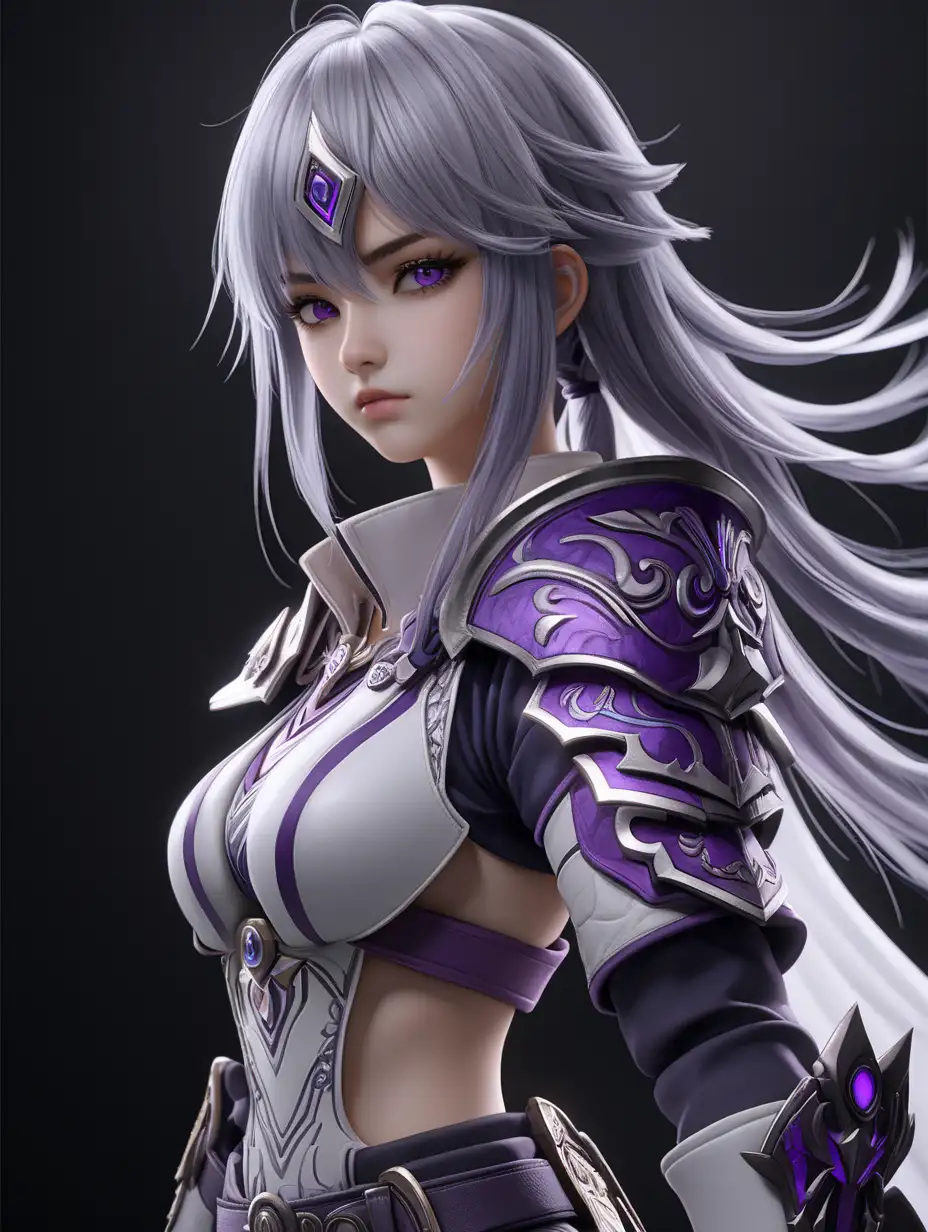 (cinematic lighting), An anime beautiful girl warrior, Envision her clad in practical yet elegant white and purple trim warrior attire, wear boots, greyish hair, Her eyes reflect a mix of determination and vigilance, no weapon in the photo, black background at the back, full body photo, angle from below, intricate details, detailed face, detailed eyes, hyper realistic photography,--v 5, unreal engine, 