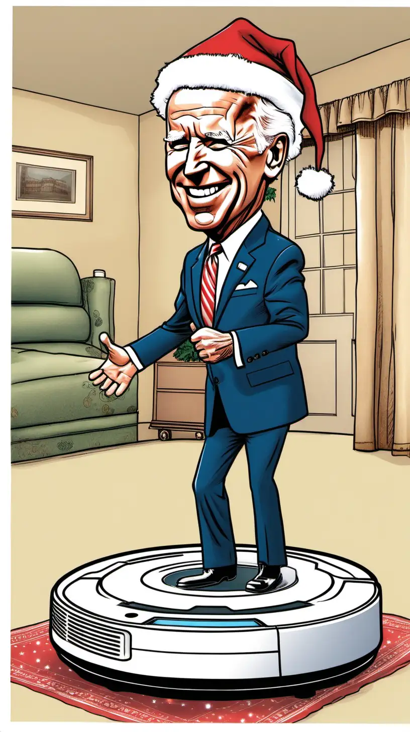Cartoon of Joe Biden in Santa Hat on Roomba