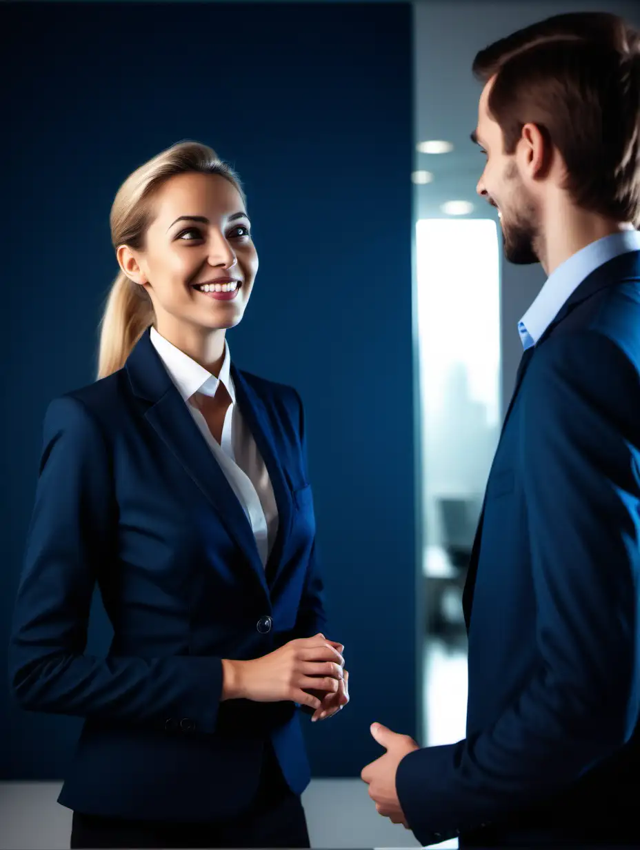 professional photo of standing female leader talking to a happy male employee. photo taken from the side. with reflection. dark blue theme.