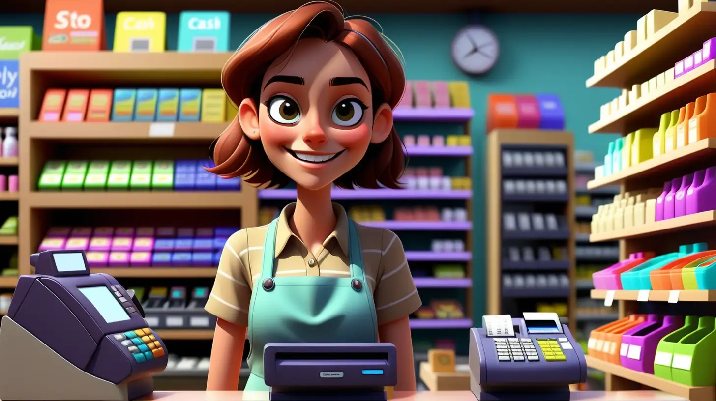 Happy young female shop owner in her store with shelves of product standing beside her electronic cash register that is fully in view and facing the camera colorful pixar style with no watermark