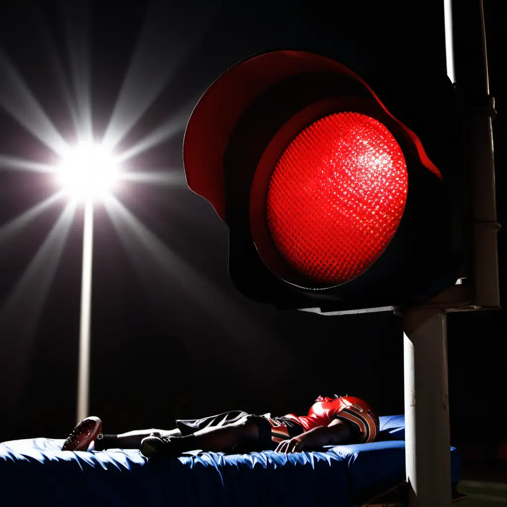 a red light stoplight shining on a sleeping football player