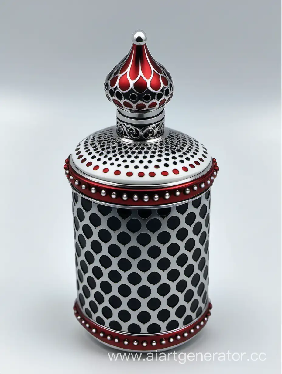 Zamac-Perfume-Ornamental-Cap-in-Pearl-White-and-Matt-Red-with-Arabesque-Pattern