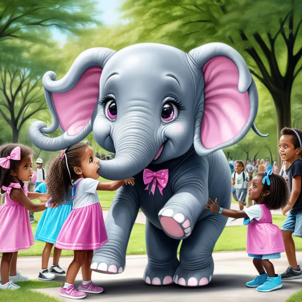 girl elephant with cute big eyes wearing pink blue bow with long hair playing tag with black and white children together in central park