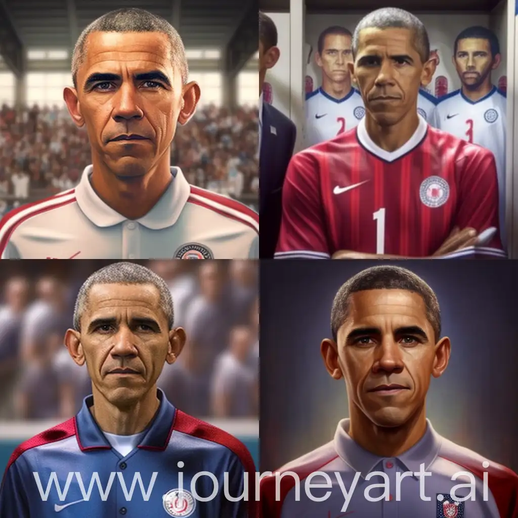 Obama wearing the sports kit of the American national team in the football stadium, pay attention to the details of the face, inside the stadium, Obama is facing the camera, realistic, pay attention to the details of Obama's face, realistic , full body, looking at the camera