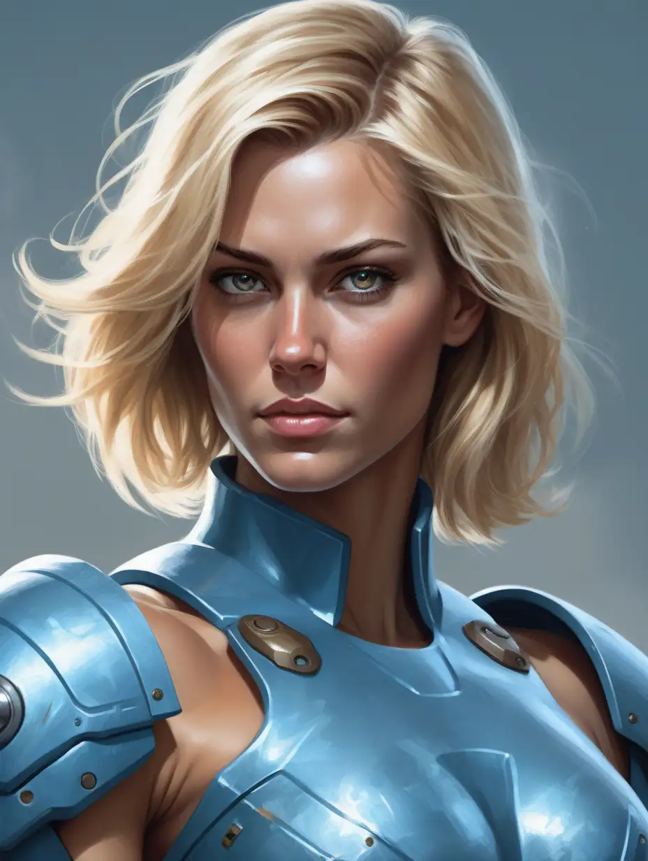 painted sci-fi novel cover art style, close up portrait of a tall, muscular woman with brown eyes and bobbed blonde hair. Posh and enthusiastic. In her early twenties. She is wearing ocean blue power armor covering her torso. Grey background.