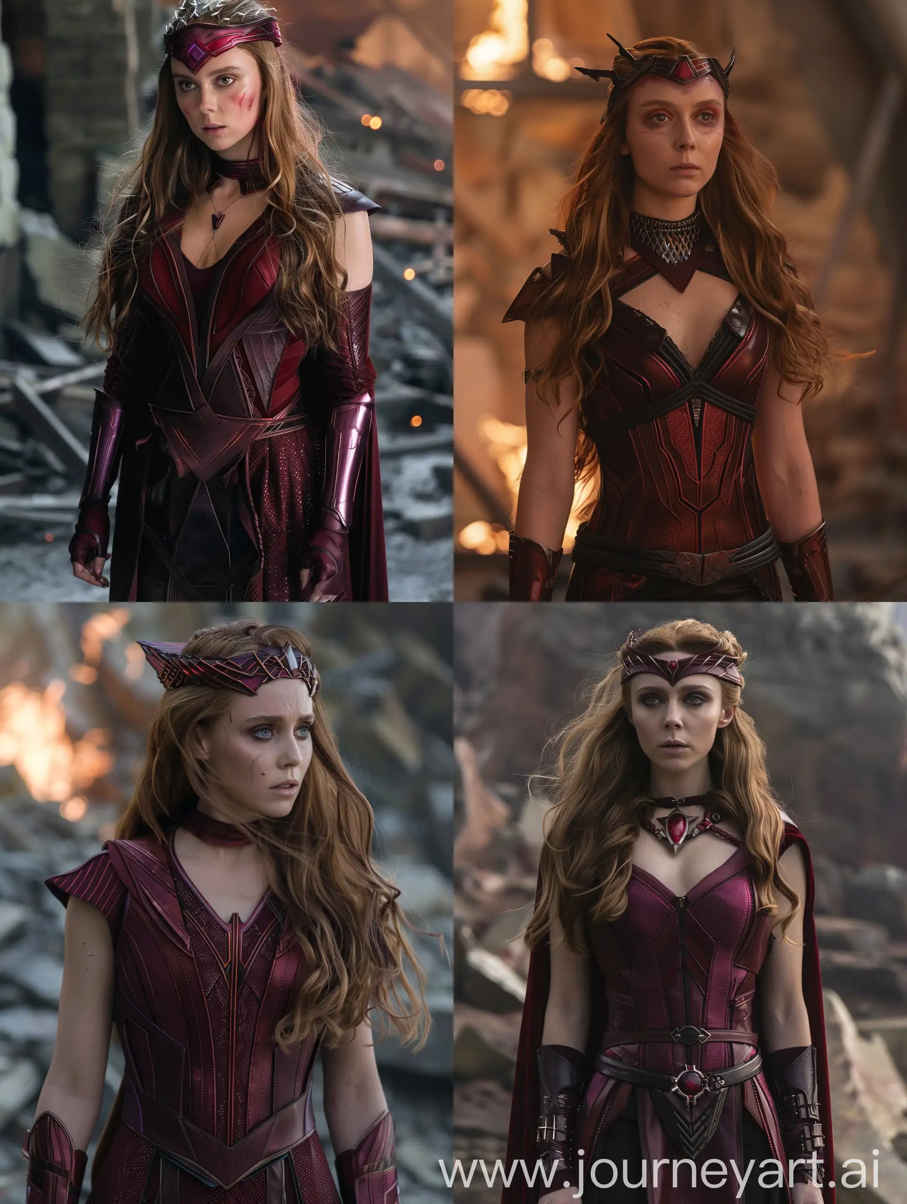 elizabeth olsen wearing  scarllet witch costume from avengers endgame