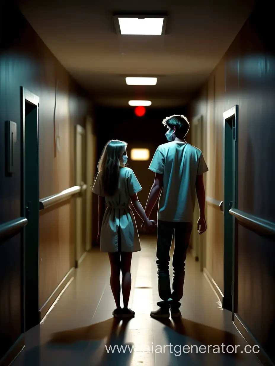 парень и больная девушка, влюблённые друг в друга, общаются в тёмном коридоре психиатрической больницы и держатся за руки
