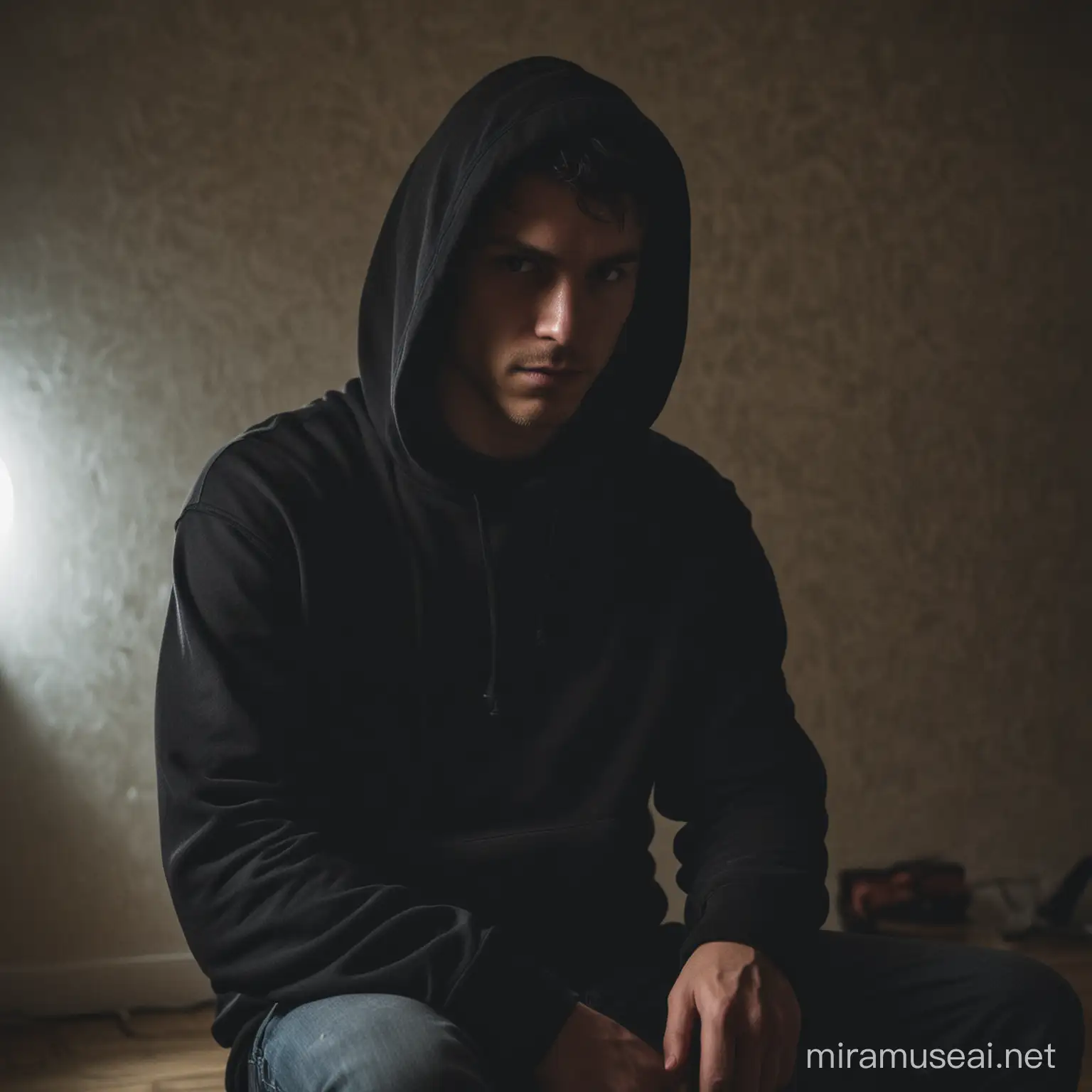 A man wearing a black hoodie sitting in a dimly lit room