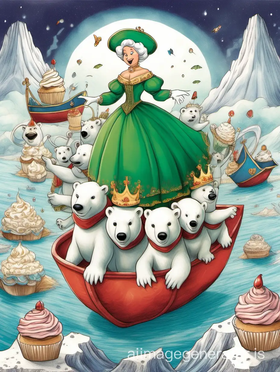 Draw a queen dressed in a venetian outfit. She is sitting on the back of a polar bear. She has a big green nose and a hat shaped like a boat. We can see five cupcakes which are flying in the sky. In the background, we can see a erupting volcano.