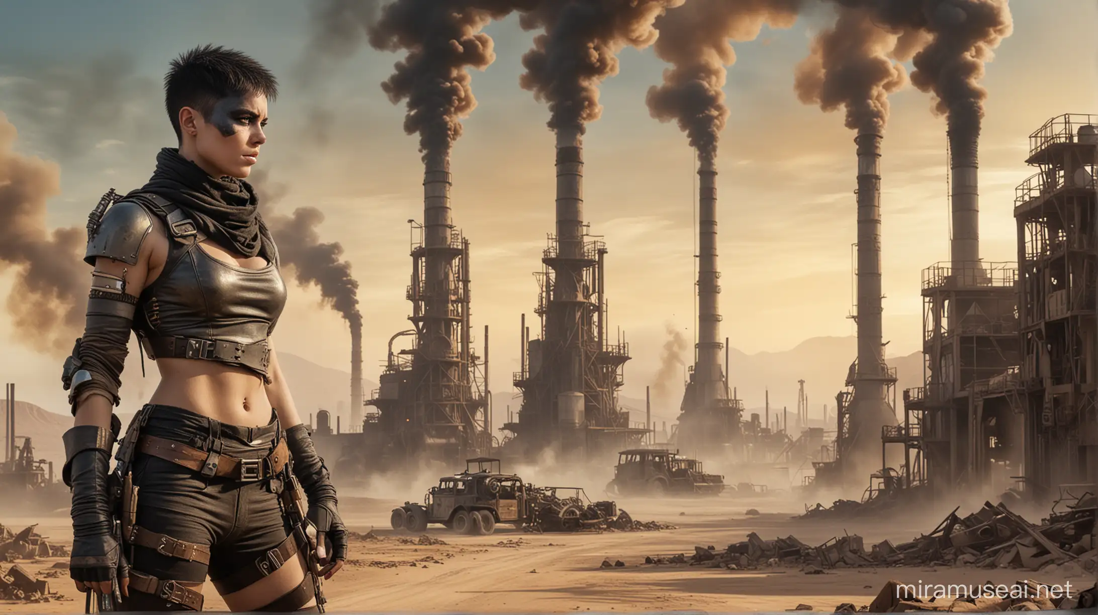 Furiosa from Mad Max Fury Road Steampunk Pilot Amidst Dilapidated Industrial Landscape