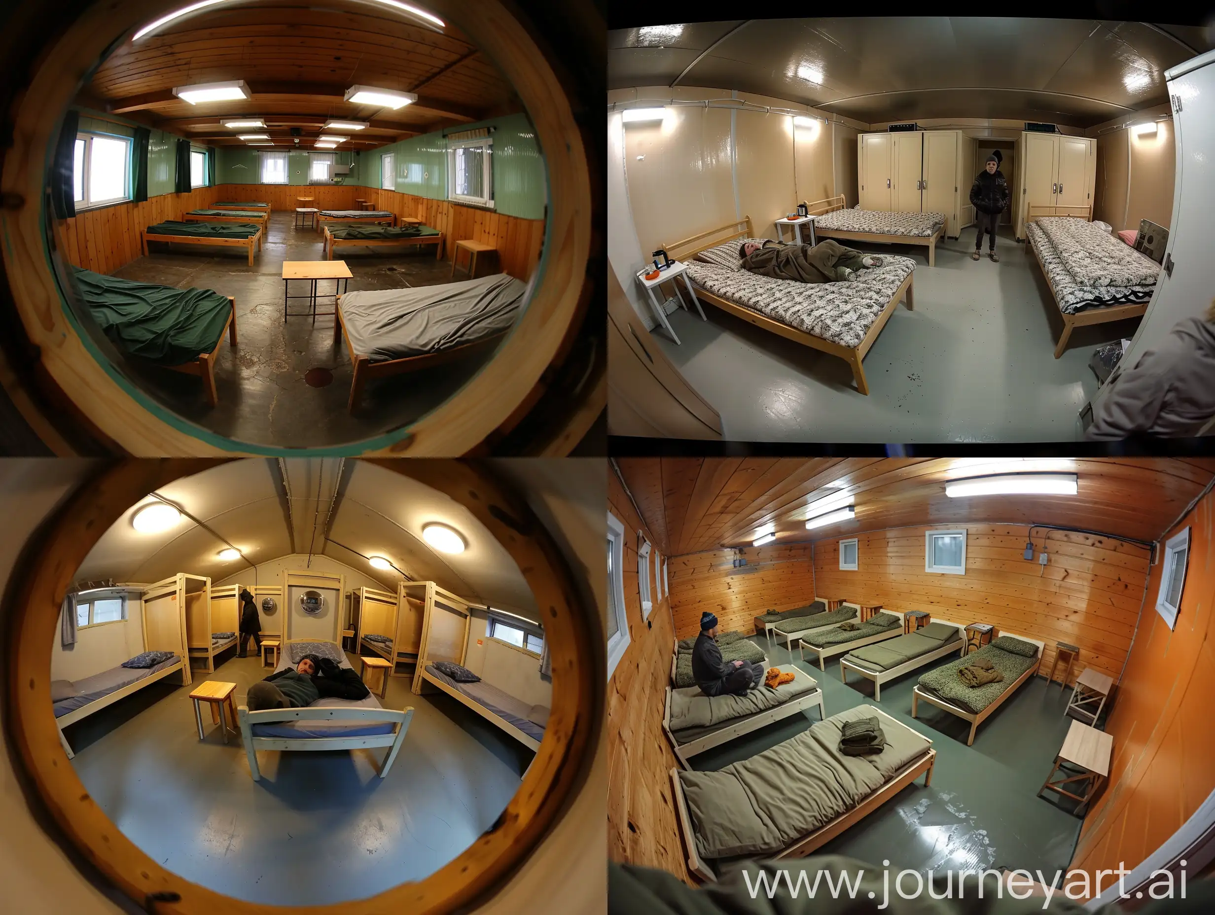 make a fish-eye perspective image of a Russian refugee shelter , where there are 6 beds and a couple of bedside tables , but only one has a refugee , the other beds are empty
