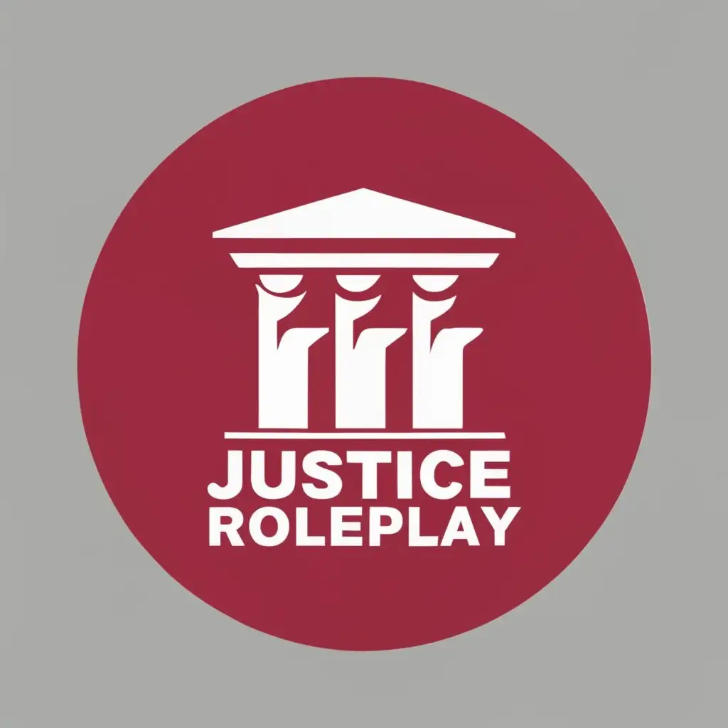 logo, Circle logo, red, white, blue, city background, Justice roleplay, court house, , with the text "Justice roleplay", typography