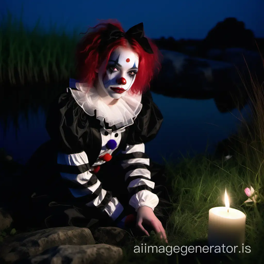 glassy eyes, goth porcelain teen in a clown outfit, grass, water, flower, rock, candle, low lighting, night time