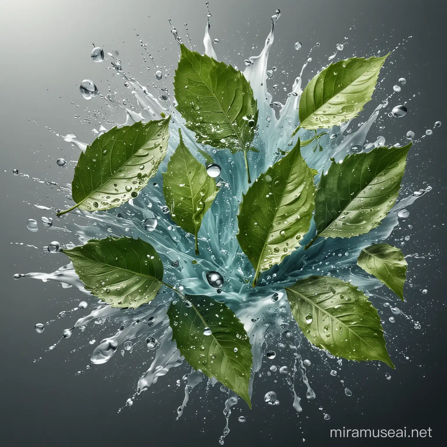 Refreshing Cosmetics with Water Splashes and Green Leaves Realistic Art