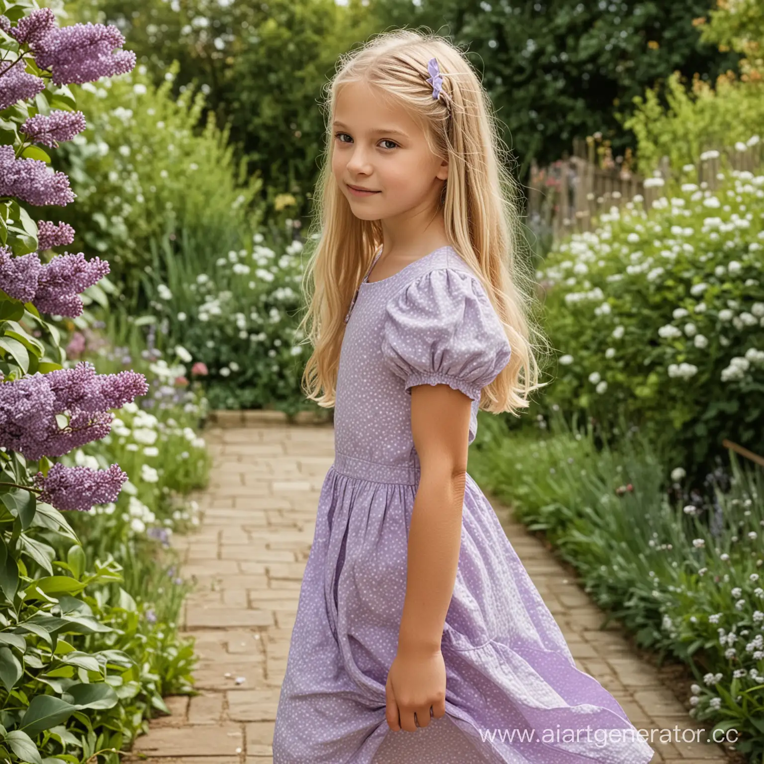 A photo of a 10-year-old girl in a lilac sundress in the garden with her blonde hair down to her waist