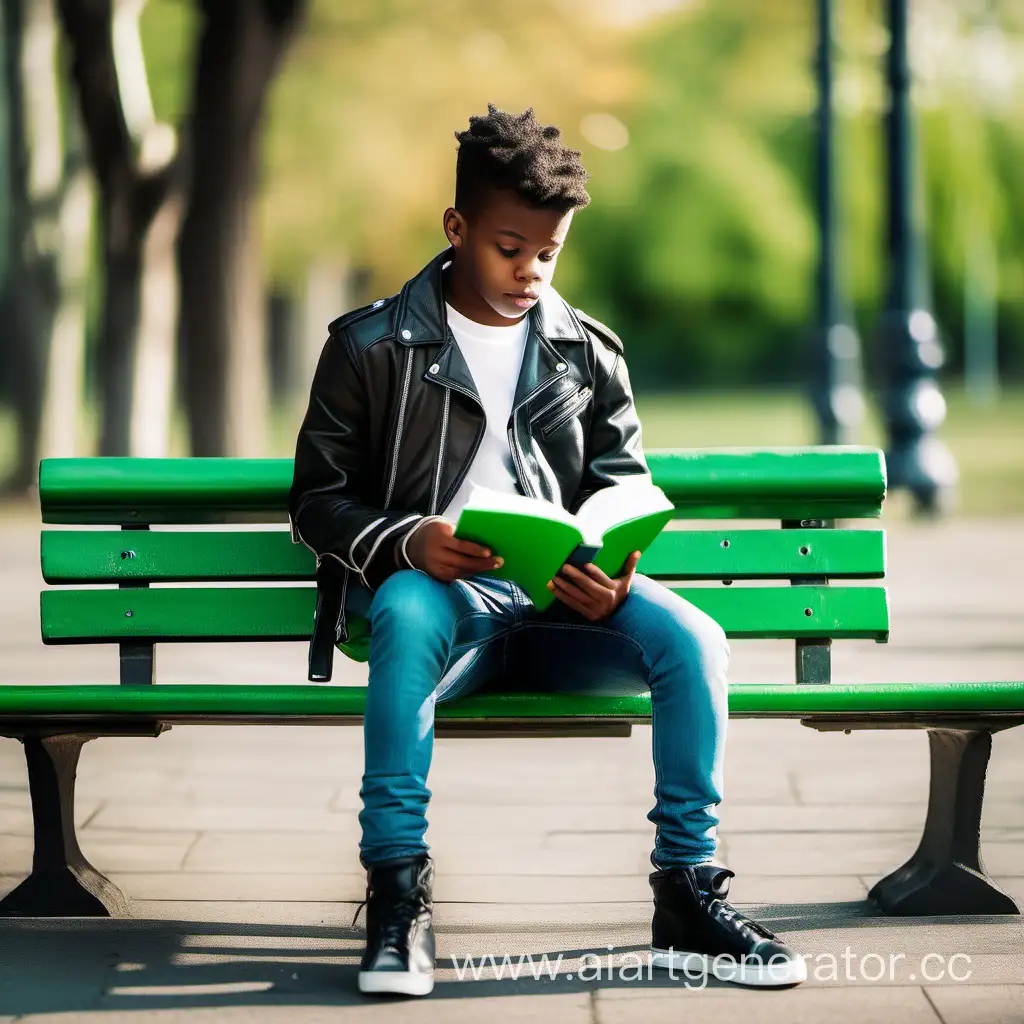 Мускулистый подросток афроамериканец в кожанной куртке читает зелëную книжку сидя на лавочке