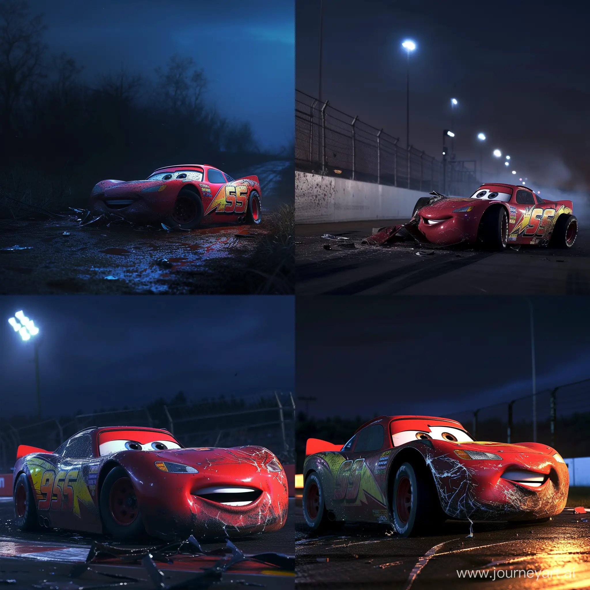 Очень темной ночью Lighting McQueen попал в аварию на гоночнлй трассе 