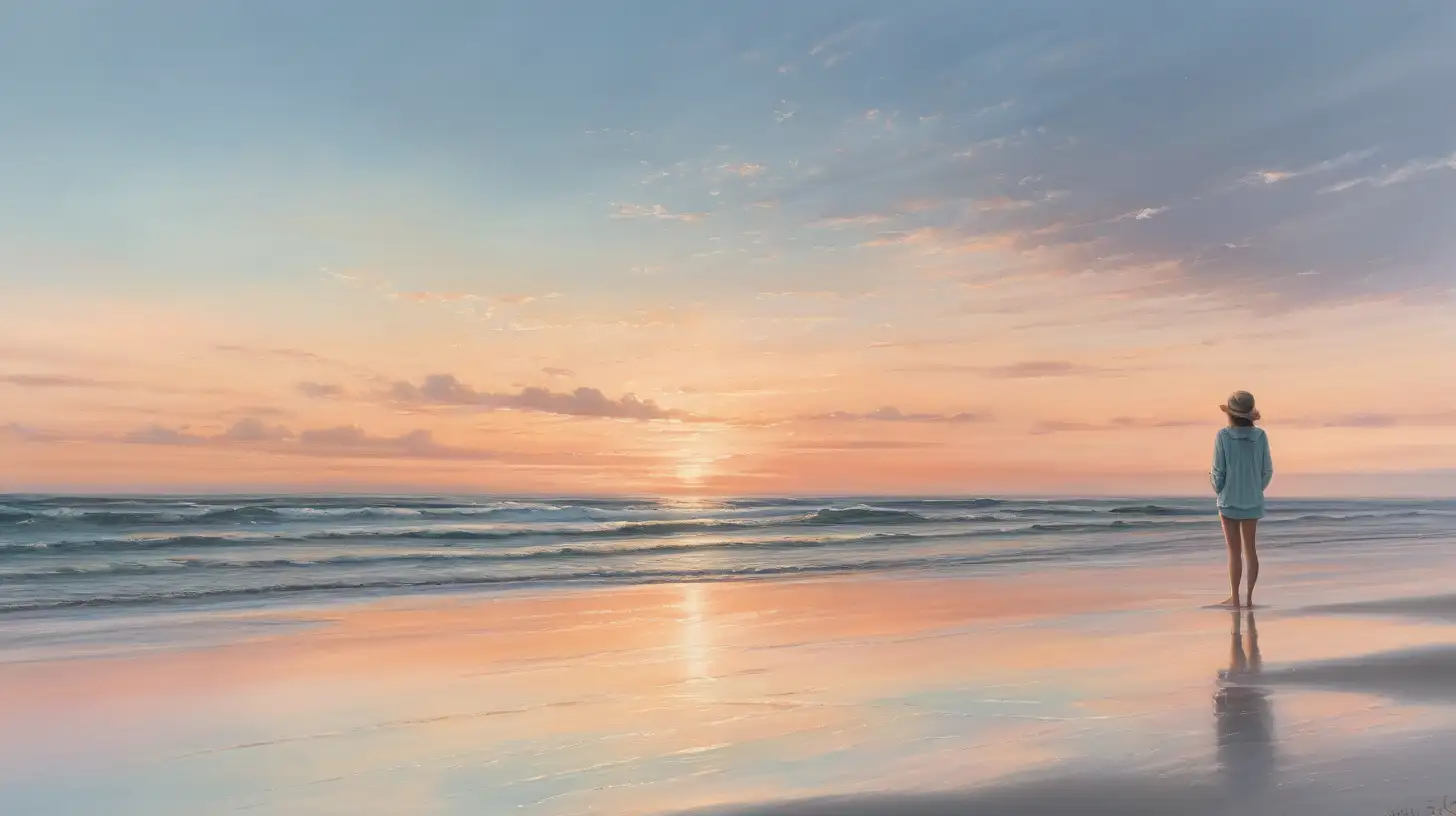create a realistic image of a calm, serene beach at sunset, with soft, pastel colors painting the sky and reflecting off the gentle waves. A single, confident figure stands at the edge of the water, looking out towards the horizon