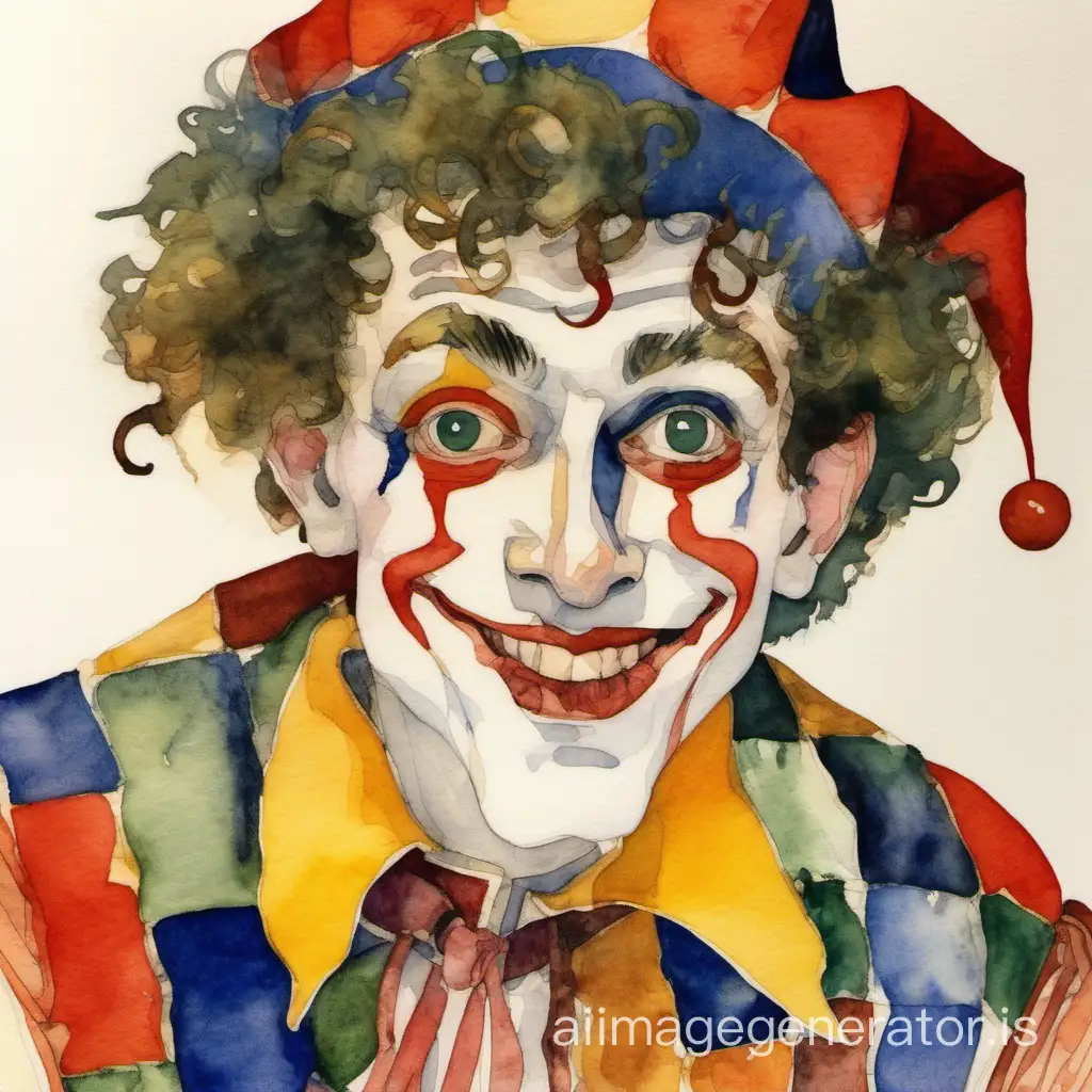 A jolly jester-harlequin, close up, Egon Schiele watercolors style