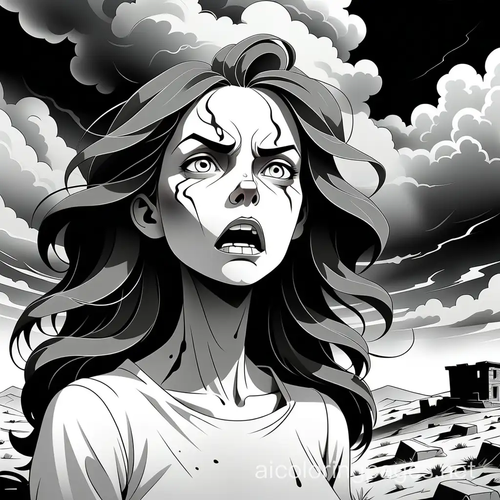 A hauntingly beautiful minimalist ink drawing captures the essence of a solitary woman's face amidst the remnants of a once-thriving landscape. The clean lines and negative space emphasize the purity and simplicity of the scene. The character's intense gaze reveals a mix of sorrow, rage, and unwavering determination. The menacing clouds loom overhead, casting an eerie shadow over the scene, and the scent of smoke and decay lingers in the air. The howling winds moan through the desolate, lifeless, Coloring Page, black and white, line art, white background, Simplicity, Ample White Space. The background of the coloring page is plain white to make it easy for young children to color within the lines. The outlines of all the subjects are easy to distinguish, making it simple for kids to color without too much difficulty