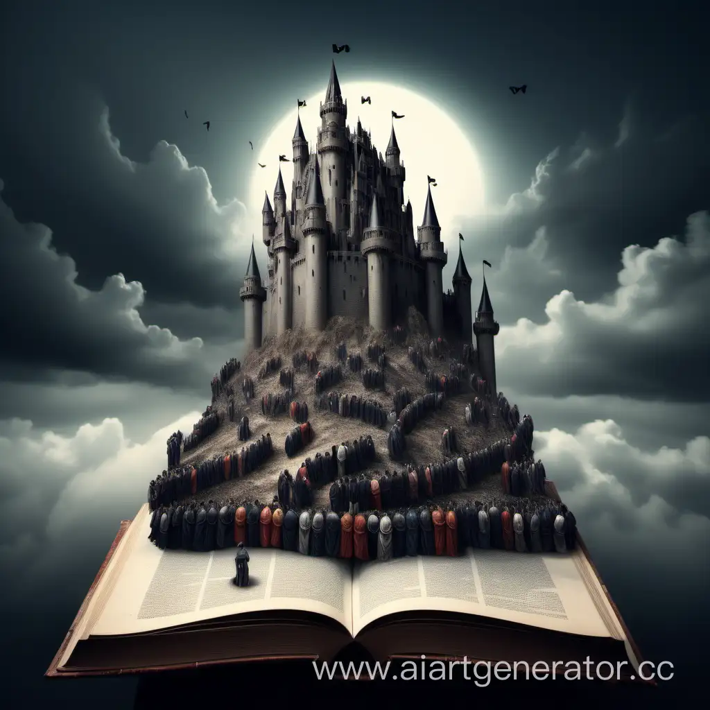 огромный красивый замок стоящий на книге, вокруг книги нищая толпа людей, голод и смерть