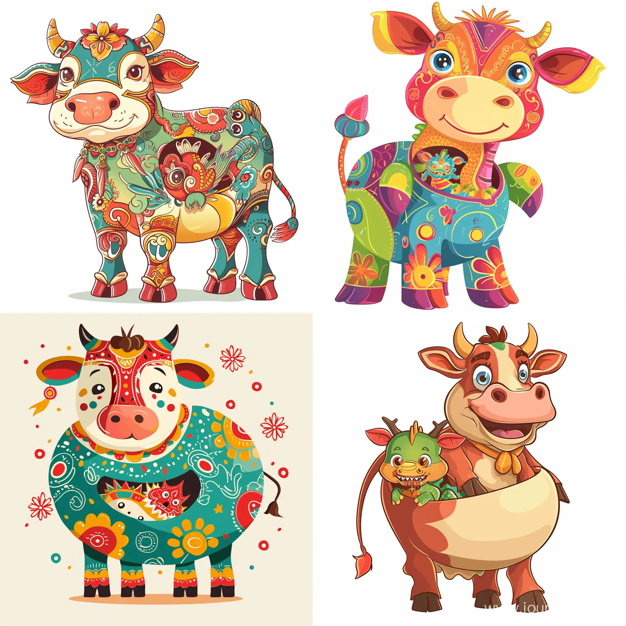 This is an adorable cow in a cute cartoon style, with bright colors. The cow is expecting a baby Chinese dragon, and the Chinese dragon baby is inside the cow's belly.