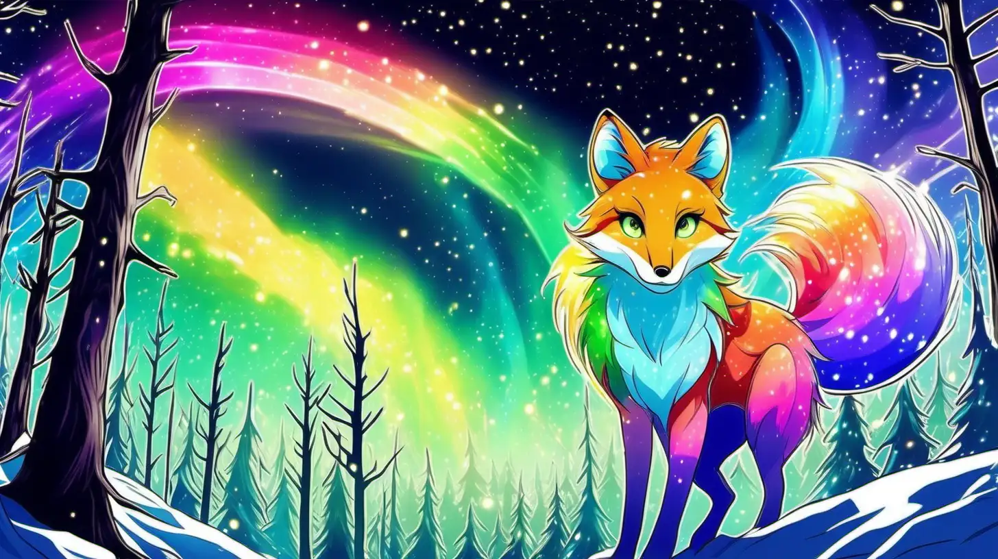 n anime style, in a mystical forest realm , an image of mythical, playful Aurora Foxes, with rainbow color fur that shimmers in hues of the aurora borealis. Their eyes gleam with a mischievous intelligence.